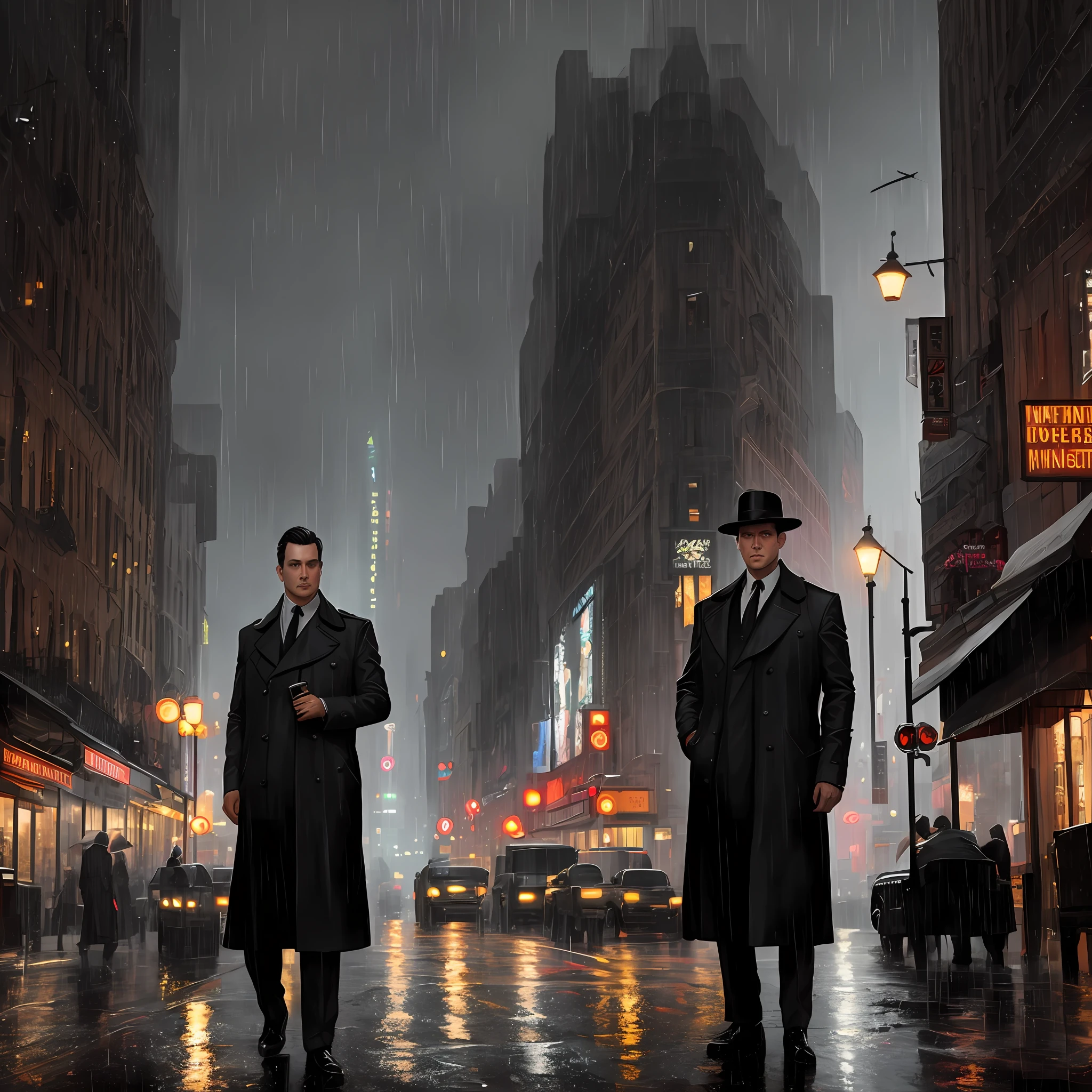 (masterpiece,best quality: 1.2), ultra-detailed face, (muted colours:1.2, dark studio, rim lighting, two tone lighting, dimly lit, low key, ), ((heavy rain weather)),long leather rain coat,
a poster for a 1930s \(style\), noir detective movie,(noir atmosphere:1), gloomy atmosphere,night city street, emphasis on noir colors,
New York in the 1930s, and Detective Jack Sullivan just returned to his office after a long day of pounding the pavement, trying to solve the latest case that had been thrown his way. It was a tough one, and he was no closer to finding the perpetrator than he was when he started,
trending on ArtStation, trending on CGSociety, Intricate, High Detail, dramatic, photorealistic painting art by midjourney and greg rutkowski,
