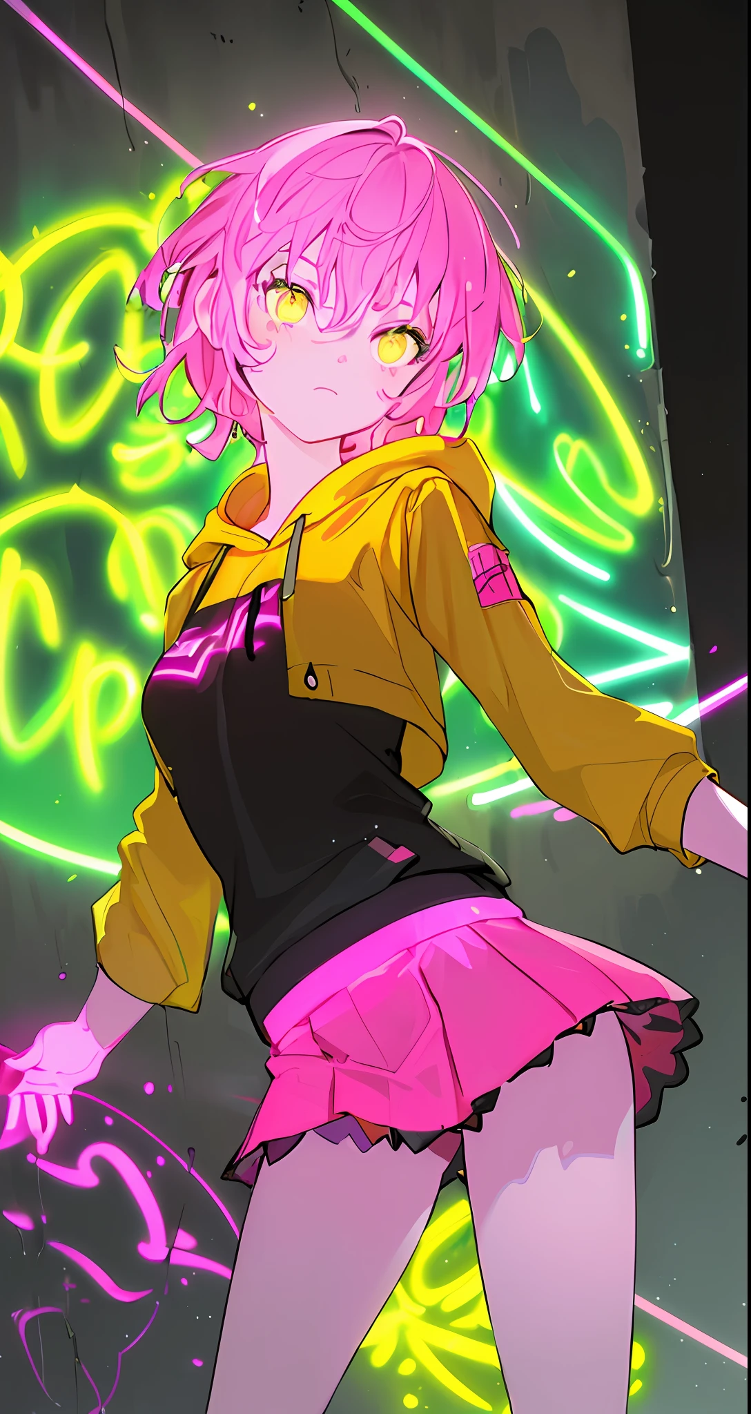 (masterpiece, best quality:1.2), illustration, realistic, absurd, (((bloom, glow, neon))), high contrast, depth of field, dynamic lighting, night, darkness, 1girl, solo, cute, slender, small breasts, delicate facial features, Hip-Hop, pink short hair,  yellow hoodie, pink skirt, yellow eyes, splash paint, graffiti on the wall