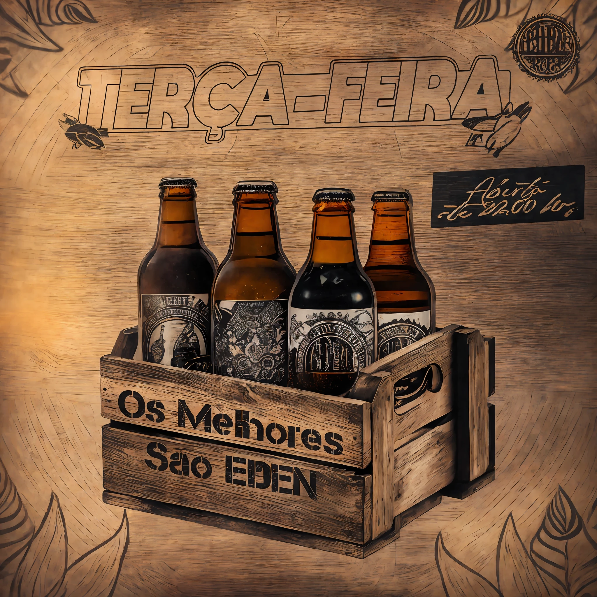 there are three bottles of beer in a wooden crate, eterea, album art cover, album artwork, best on adobe stock, dan eder, album art, adreas rocha, by Félix Ziem, alexandre ferra, terem, david rios ferreira, beer, eeire mood, eeire, threyda, terraced, by Emerson Silva