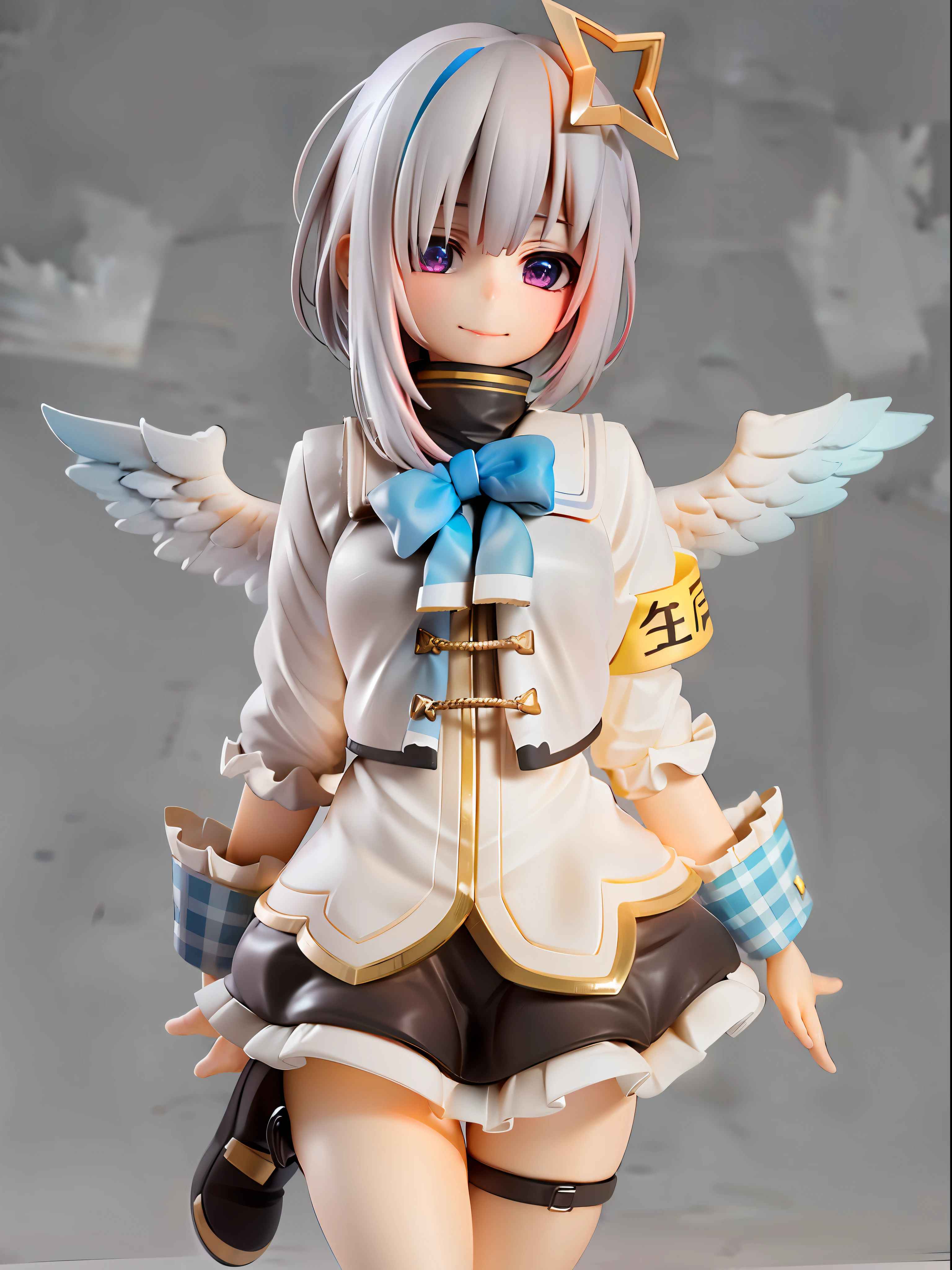 girl, amane kanata, star halo, solo, halo, angel wings, multicolored hair, asymmetrical hair, single hair intake, purple eyes, armband, 
BREAK
short hair, blue hair, grey hair, socks, long sleeves, grey jacket, bob cut, streaked hair, bangs, frills, wide sleeves, white wings, 
BREAK
black skirt, hair over one eye, frilled skirt, blue socks, sleeves past wrists, turtleneck dress, miniskirt, blue wings, cowboy shot, walking, garden,
BREAK
full body, chibi, [realistic], [3d], (3dcg), ((octane render)), [fisheye], smile, closed mouth, full body
BREAK
(8k, RAW photo, best quality, masterpiece:1.2), ultra high res, (((realistic, photo-realistic))), professional lighting, detailed lighting, professional photography, fisheye, dynamic angle, high quality, high res, extremely detailed, bloom
BREAK
depth of field, sketch, sharp focus, soft lighting, good composition, god light highlight, detailed, (((photorealistic details))), detailed skin, to8contrast style
