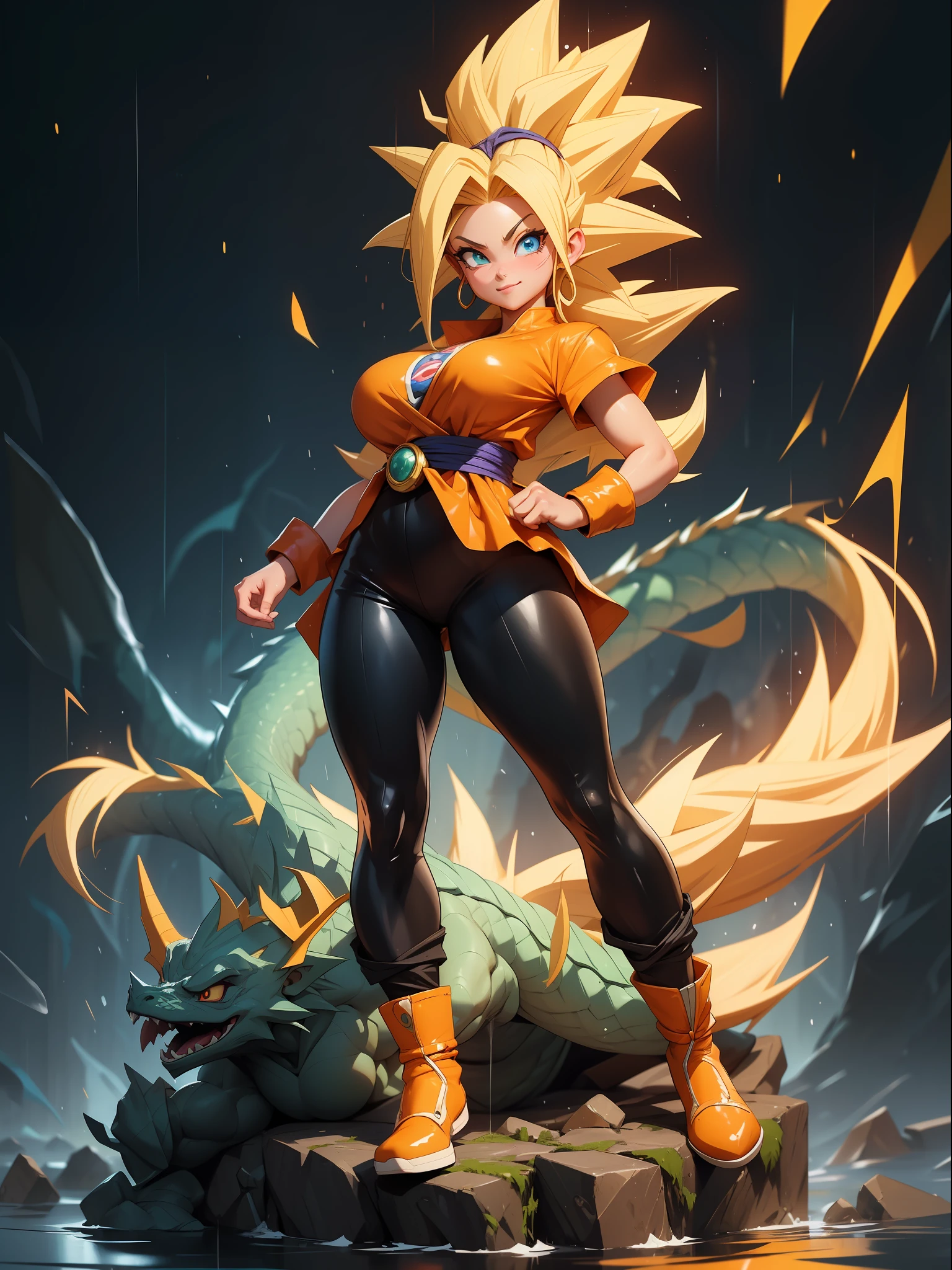 ((Full body photo, feet on the ground, straight body, Dragon Ball Anime)), ((Laura/woman, big breasts, extremely beautiful)), ((Super Saiyan Superior Instinct)) {transformed into Super Saiyan} wearing Goku child's costume/extremely tight on body, emanating golden magic aura circling furiously around the body. Background, completely destroyed city at night raining hard. Her outfit is soaked in water, she's staring at the viewer, smiling, fists clenched, concentrating magical aura, in a front-facing attack pose. Anime Dragon Ball, high detail, anime, 16k, UHD, retina, retina, ccurate, anatomically correct, textured skin, super detail, high quality, award winning