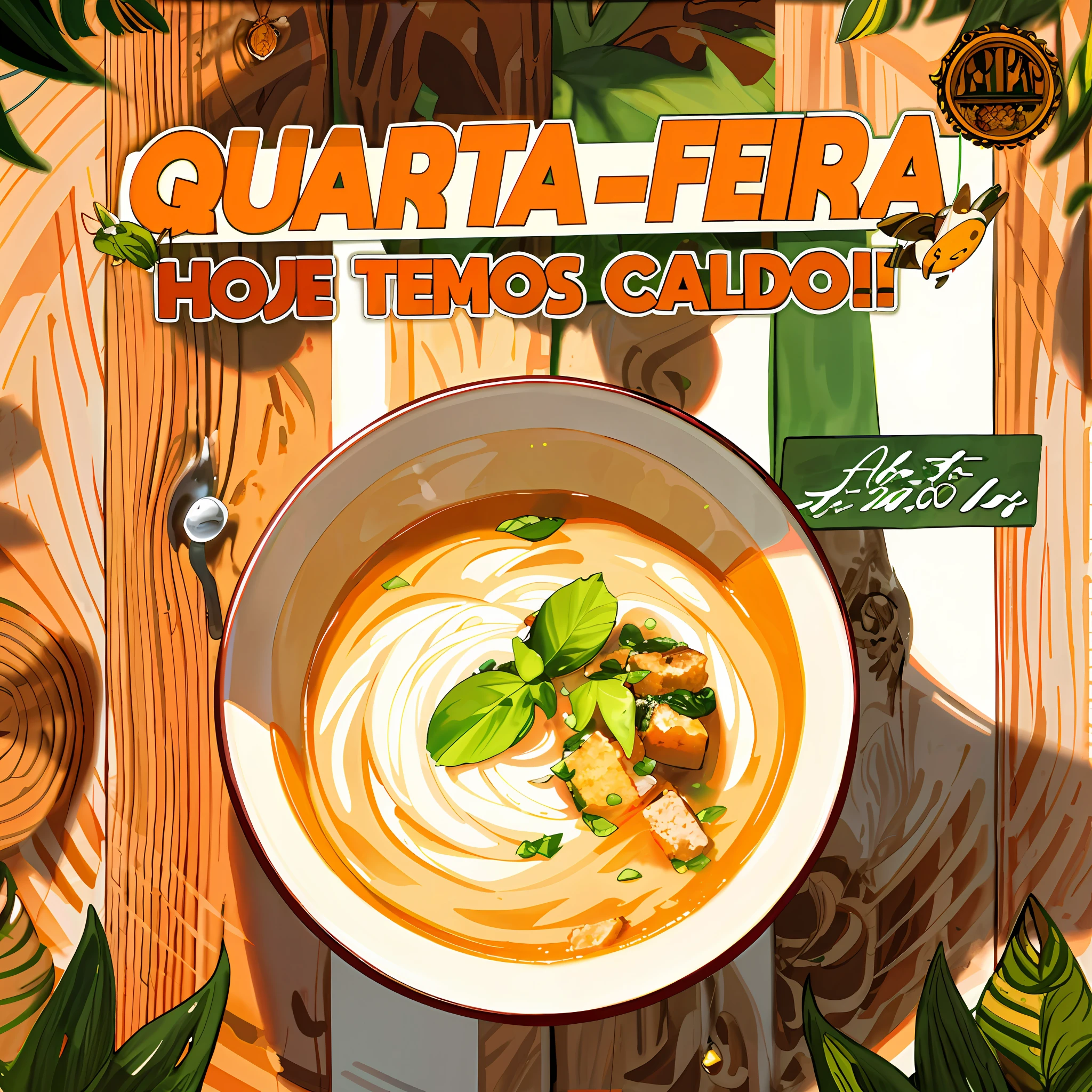 arafed poster of a bowl of soup with croutons and a leaf, by Ramón Silva, guapo, by Félix Arauz, 2995599206, description, 1614572159, eterea, asao urata, official product image, alexandre ferra