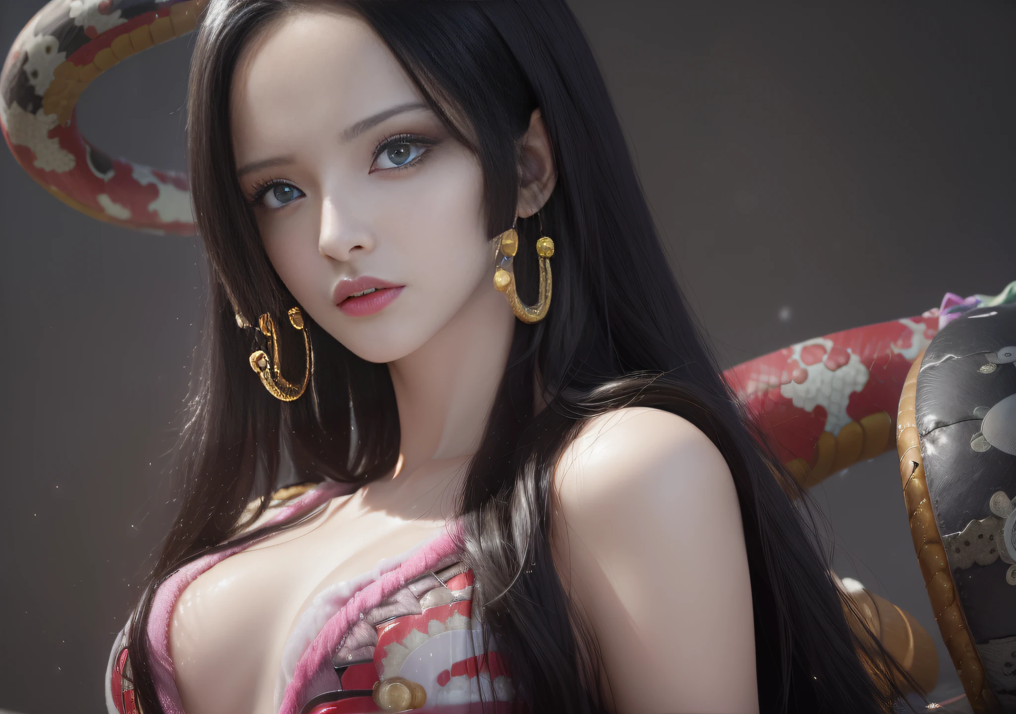 (((masterpiece+best quality+high resolution+ultra-detailed))), boa hancock, snake_skull, long silky black hair, high nose, sharp eyes, noble and inviolable temperament, (([female]: 1.2 + [beauty]: 1.2 + black long hair: 1.2)), dark and deep background, bright eyes, dynamic angle and posture, wallpaper.