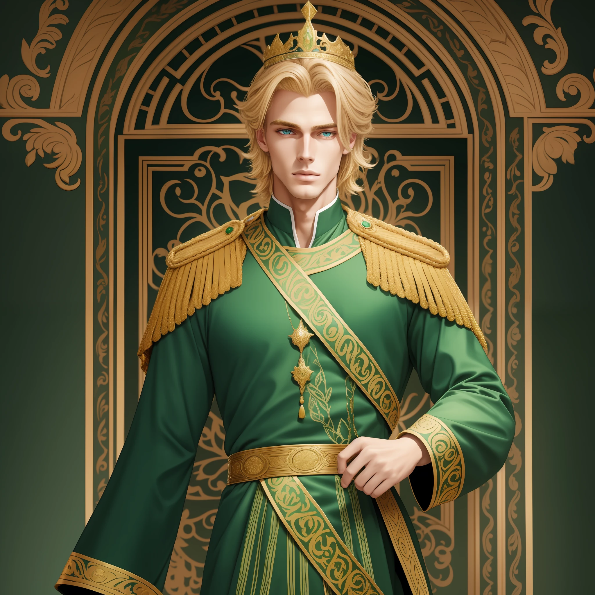 Neels Visser is a prince who has golden blonde hair, wears a moss green medieval military outfit, has a royal tiara on his forehead, looking forward with piercing emerald green gaze. full body, art by Citemer Liu