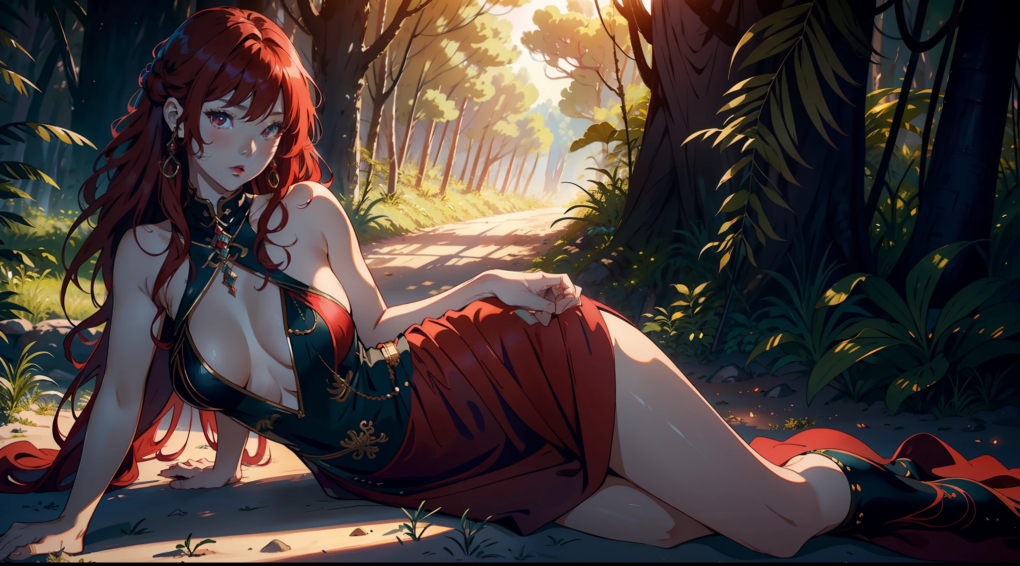 Total focus on a red-haired curly Korean woman in a divine link Mermaid dress in a dark desert in an aura and environment with dry trees + close-up full-body showing, pose, cinematic, detailed pretty face, exquisite details, 8k UHD, ultimate brushing, master brushwork, trending on artstation, master drawing, masterpiece