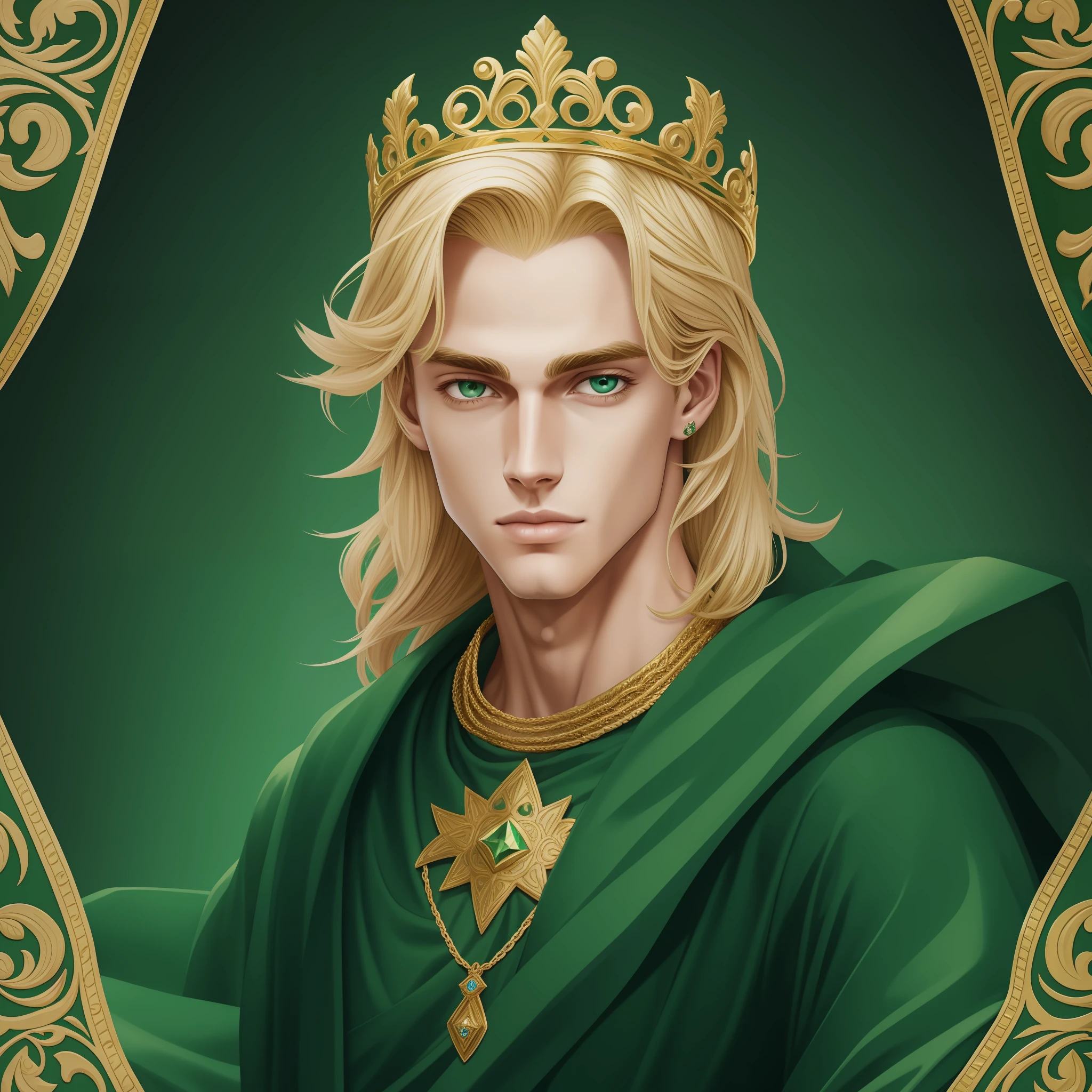 Neels Visser is a prince who has golden blonde hair, wears a moss green medieval military outfit, has a royal tiara on his forehead, looking forward with piercing emerald green gaze. full body