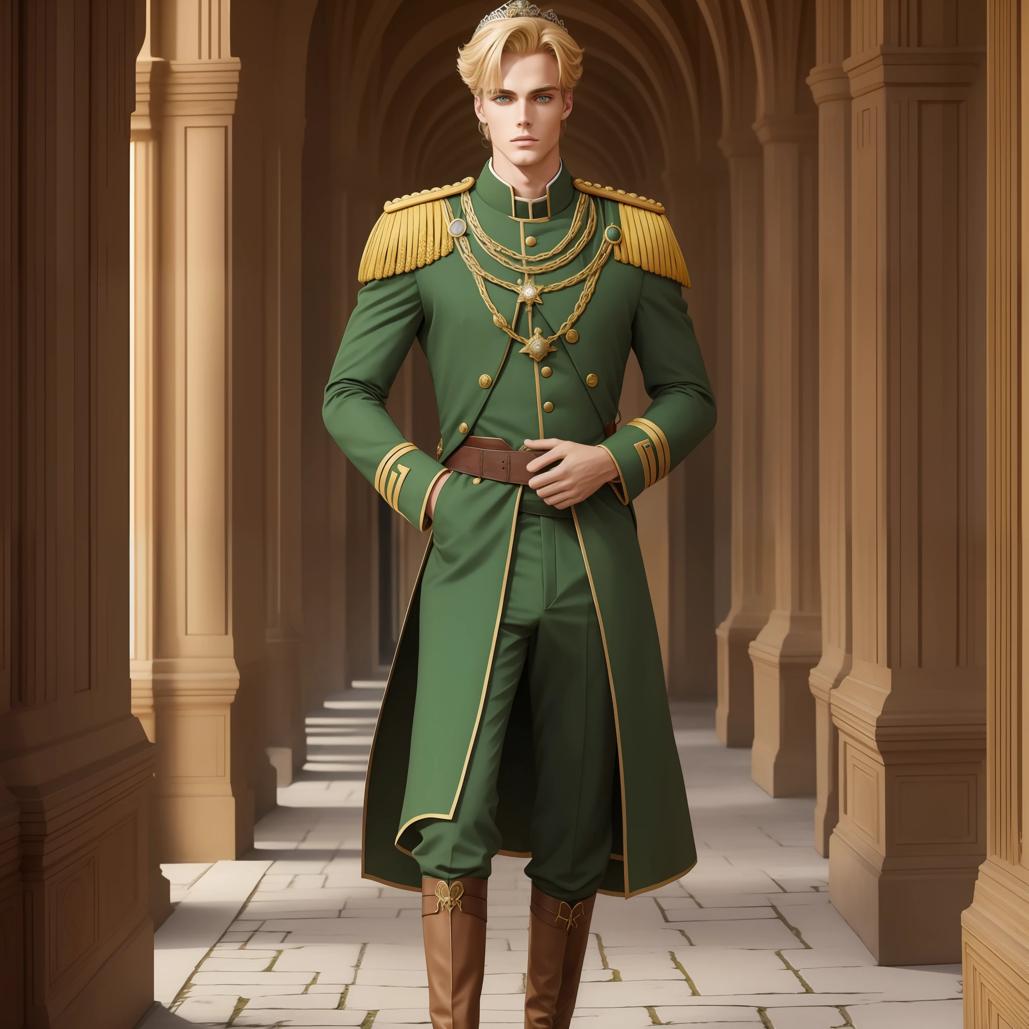 Neels Visser is a prince who has golden blonde hair, wears a moss green medieval military outfit, has a royal tiara on his forehead, looking forward with piercing emerald green gaze. full body