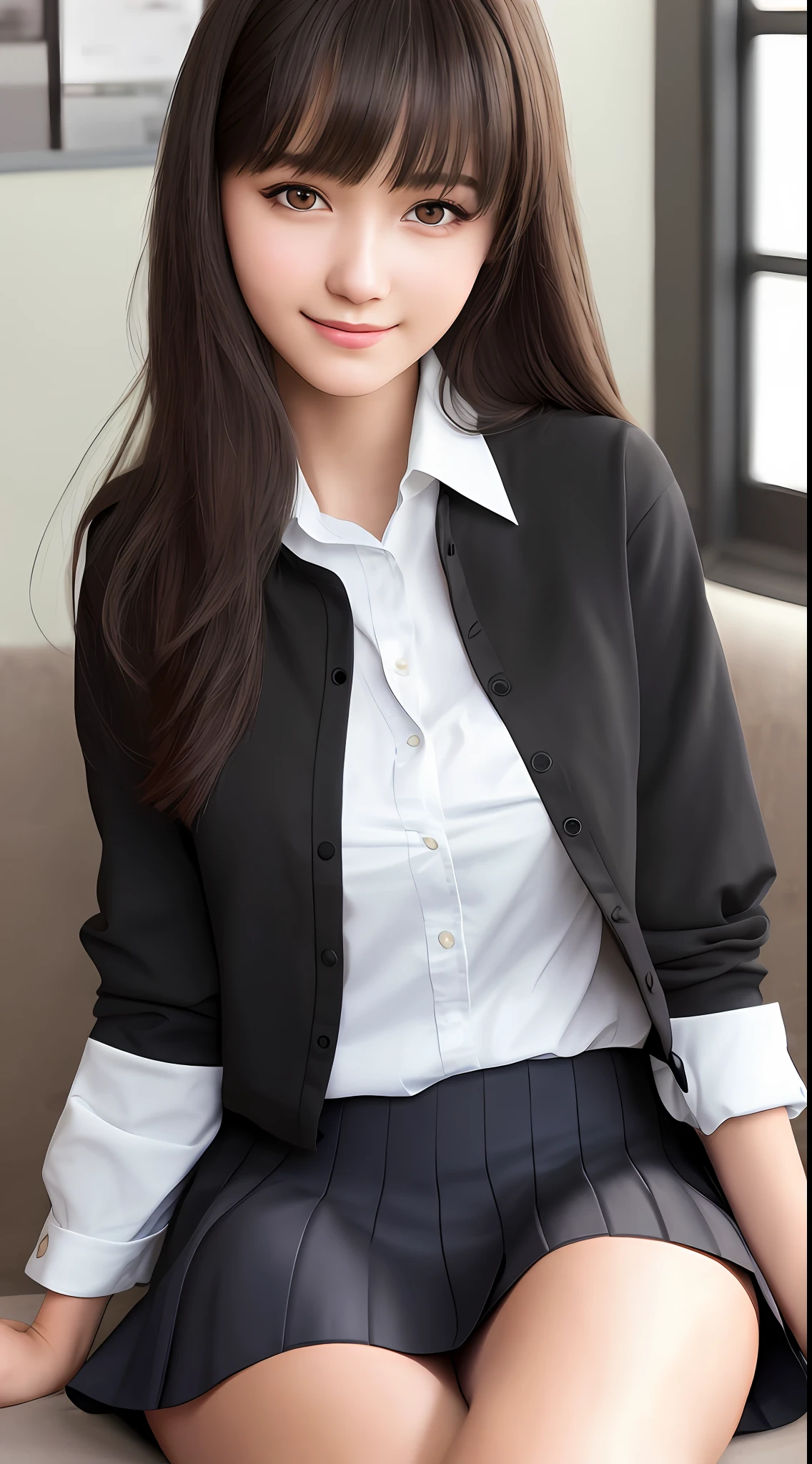 Best Quality, Super Detail, Masterpiece, Fine Detail, High Resolution, Portrait, 8k Wallpaper, Realistic Details, Clothing Details, Skin Details, Detailed Eyes, Photoshop\(Medium\), Slim Body, 1 Girl, 20 Years Old, Beautiful Eyes, Bare Skin, Well-Groomed Face, Bangs, Black Hair Short, Blunt Bangs, Colossal, Wearing School Uniform, Cleavage Visible From Uniform, (Seductive Smile), , Bedroom, Close Up , on the sofa, wearing a skirt, uniform unbuttoned, high school girl