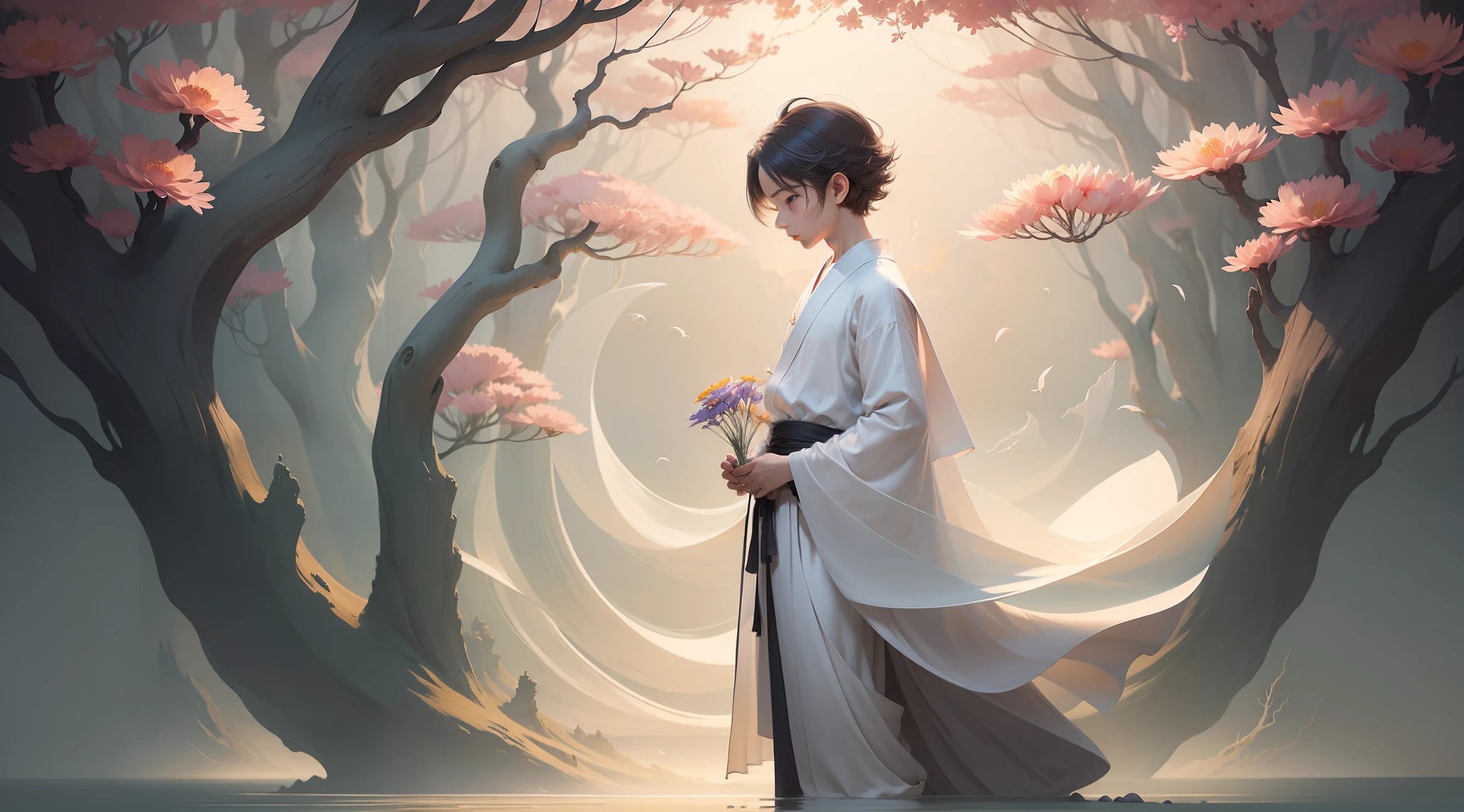 A Boy, Flowing Taoist Robe, Flowers on the Other Shore, Manju Sand Flower, Ethereal Simplicity, Magnificent Illustrations, Philip McKay, Multi-layered Progressive Style, which contains imposing, multi-layered, transparent and natural, delicate and soft, clear and bright imagery,