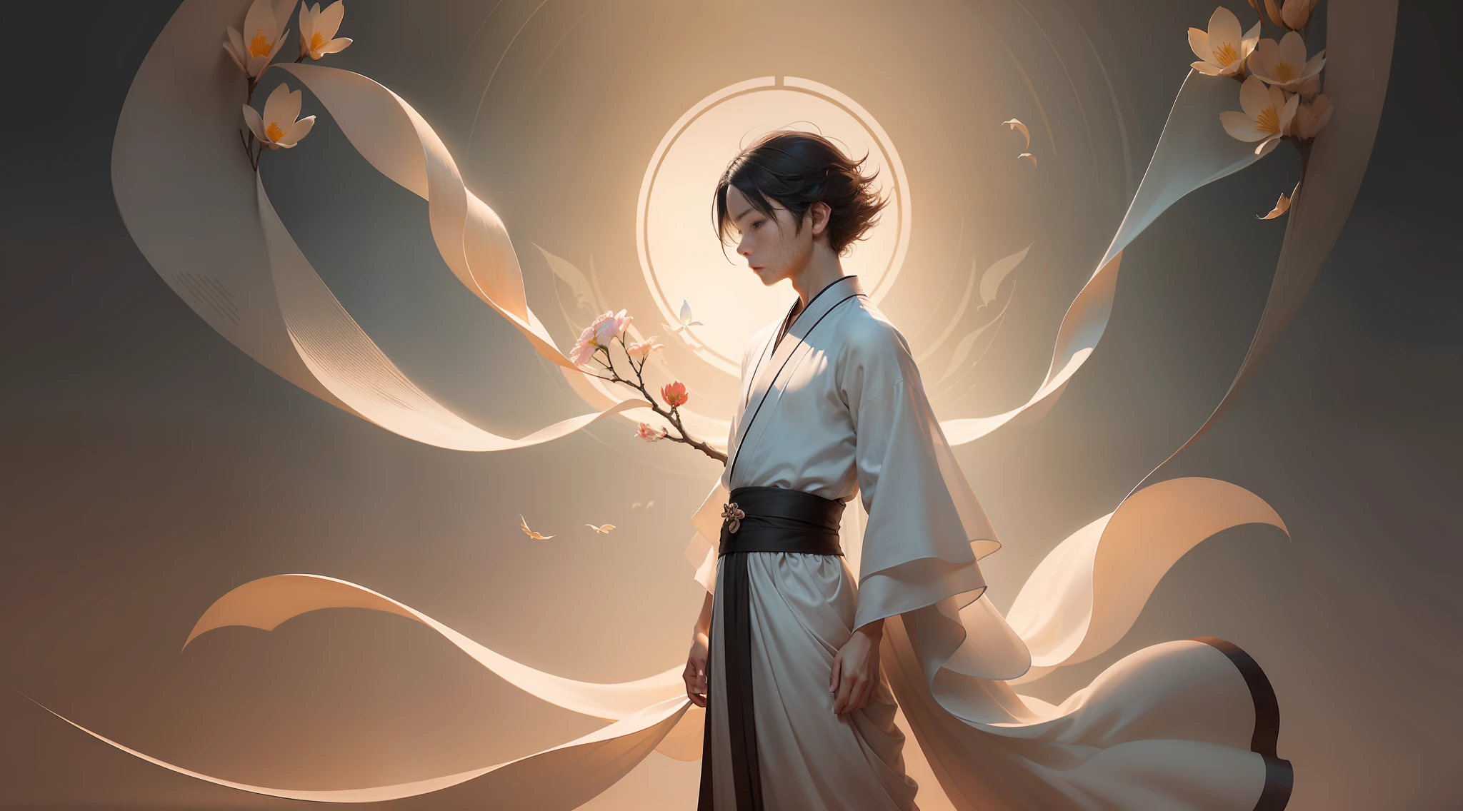 A Boy, Flowing Taoist Robe, Flowers on the Other Shore, Manju Sand Flower, Ethereal Simplicity, Magnificent Illustrations, Philip McKay, Multi-layered Progressive Style, which contains imposing, multi-layered, transparent and natural, delicate and soft, clear and bright imagery,