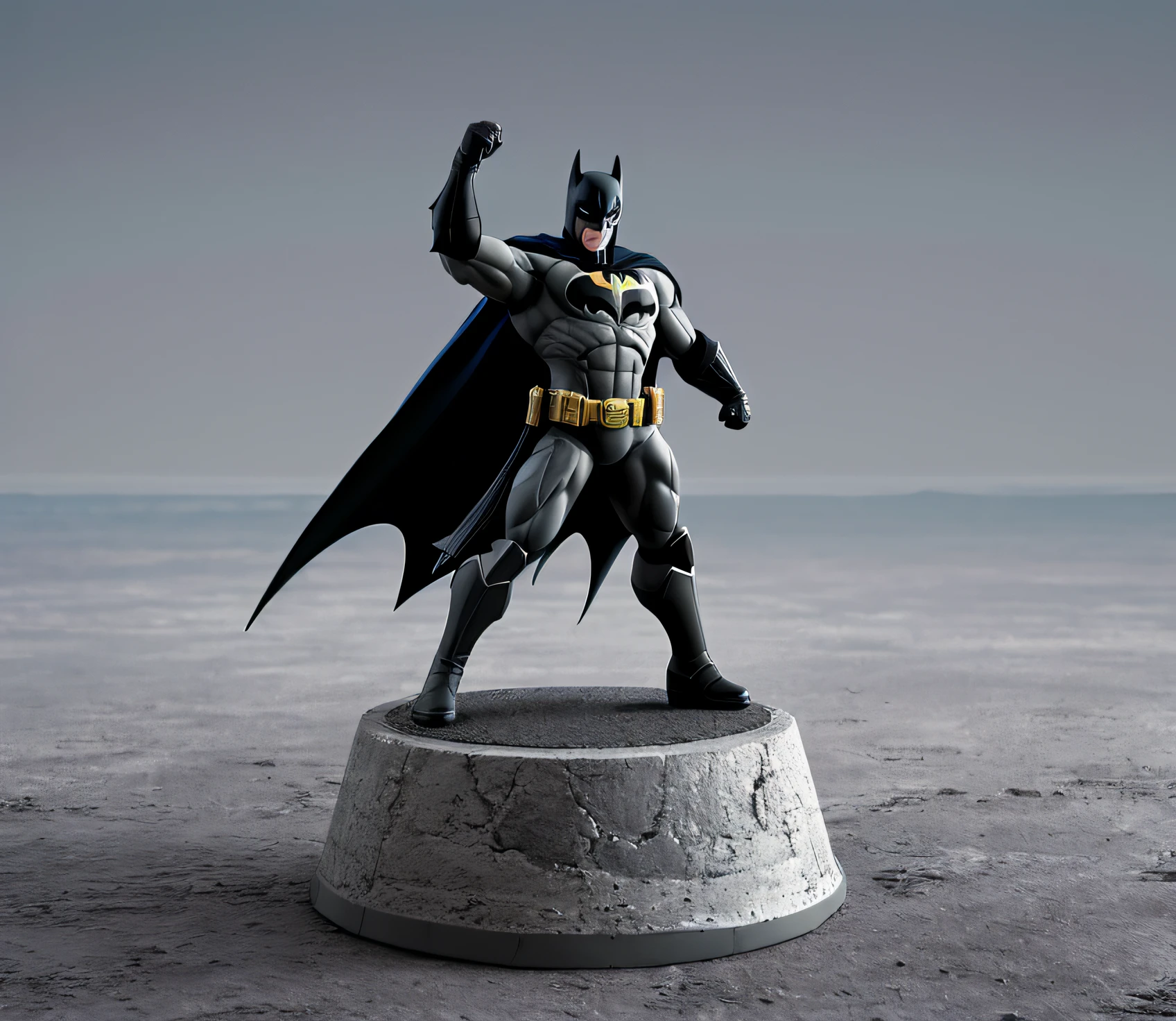 figrne, batman standing wit his arms folded, on a base, depth of field, flawless, RAW, focus on shoulder, (((plain background))), high detail, insane detail, depth of field, flawless, RAW,