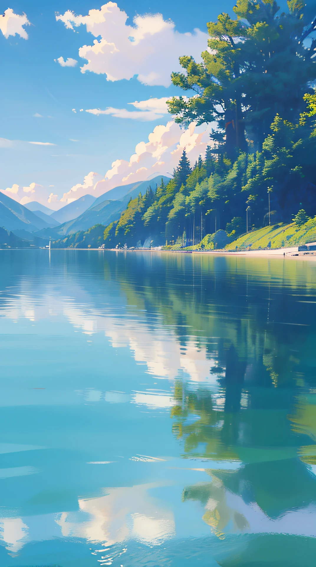 no humans, scenery, vanishing point, from below, masterpiece, best quality, 8k, absurdres, water surface, summer, noon, sunlight, blue sky, perspective, depth of field, highres, finely detail, ultra-detailed, sharp focus