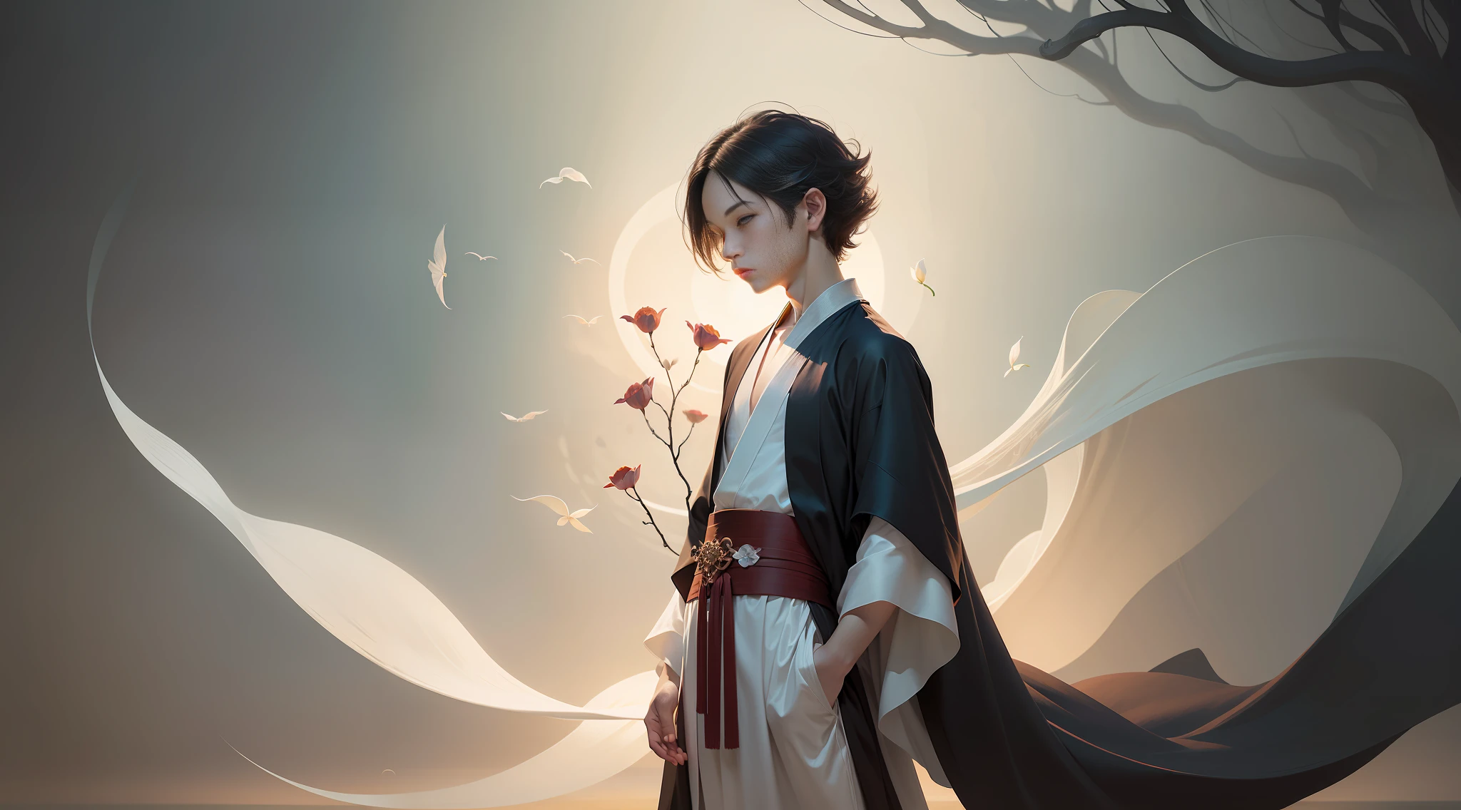 A Boy, Flowing Taoist Robe, Flowers on the Other Shore, Manju Sand Flower, Ethereal Simplicity, Magnificent Illustrations, Philip McKay, Multi-layered Progressive Style, which contains imposing, multi-layered, transparent and natural, delicate and soft, clear and bright imagery,