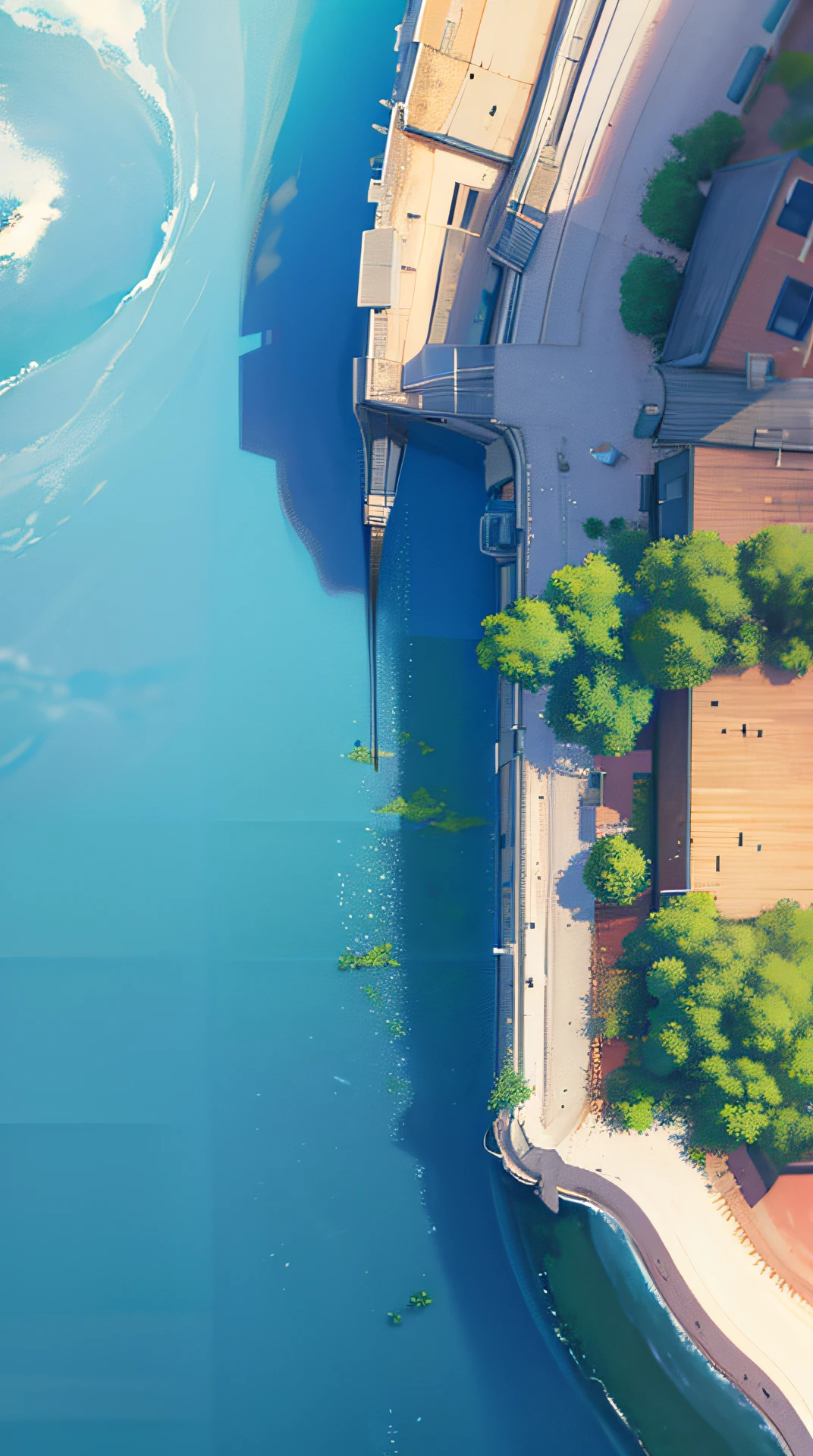 no humans, scenery, vanishing point, from below, masterpiece, best quality, 8k, absurdres, water surface, summer, noon, sunlight, blue sky, perspective, depth of field, highres, finely detail, ultra-detailed, sharp focus