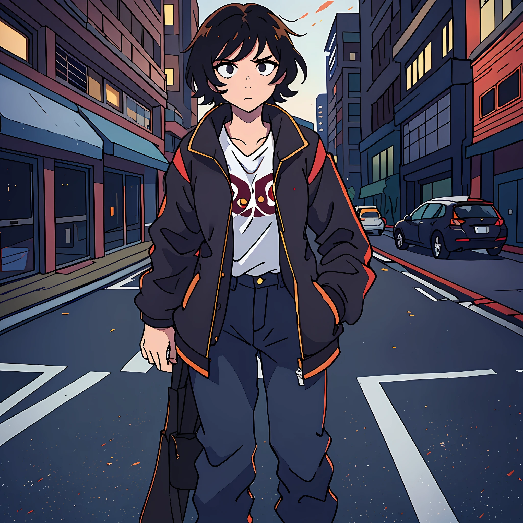 White girl, short black hair, messy hair, black eyes, wearing dark blue Red bull jacket, dark pants, brown boot, in a dimly lit parking lot