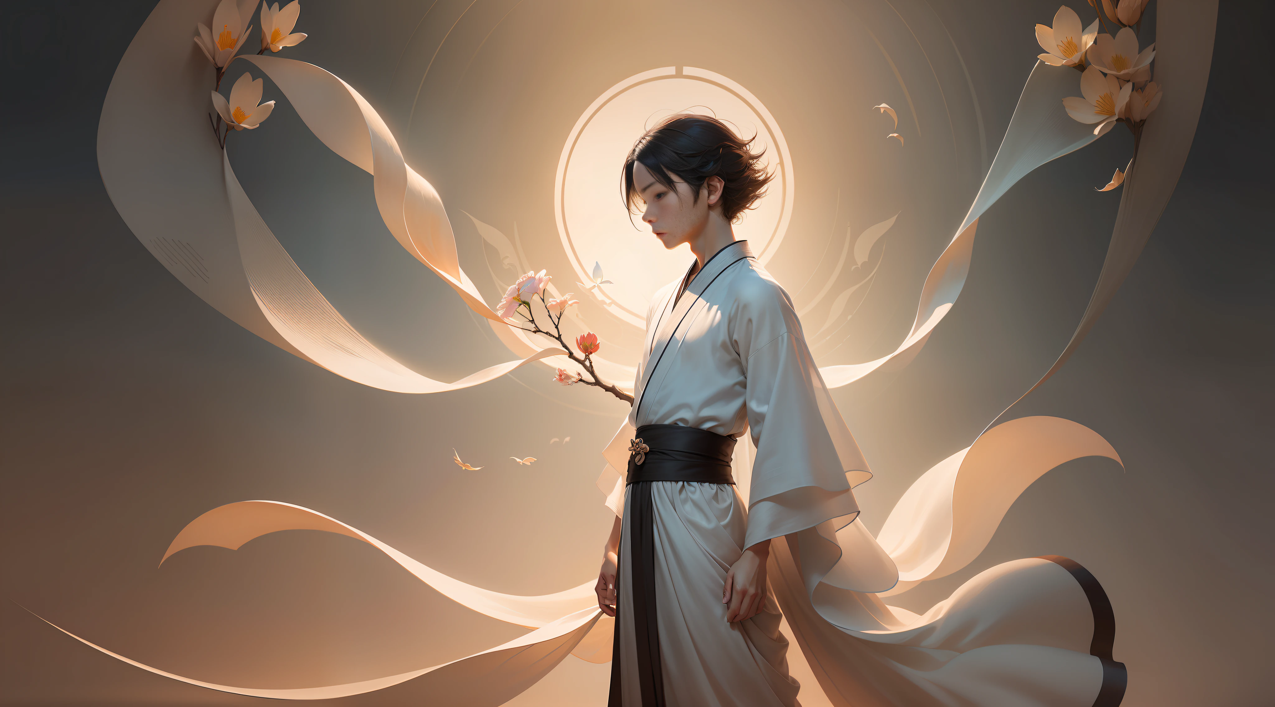 A Boy, Flowing Taoist Robe, Flowers on the Other Shore, Manju Sand Flower, Ethereal Simplicity, Magnificent Illustrations, Philip McKay, Multi-layered Progressive Style, which contains imposing, multi-layered, transparent and natural, delicate and soft, clear and bright imagery,