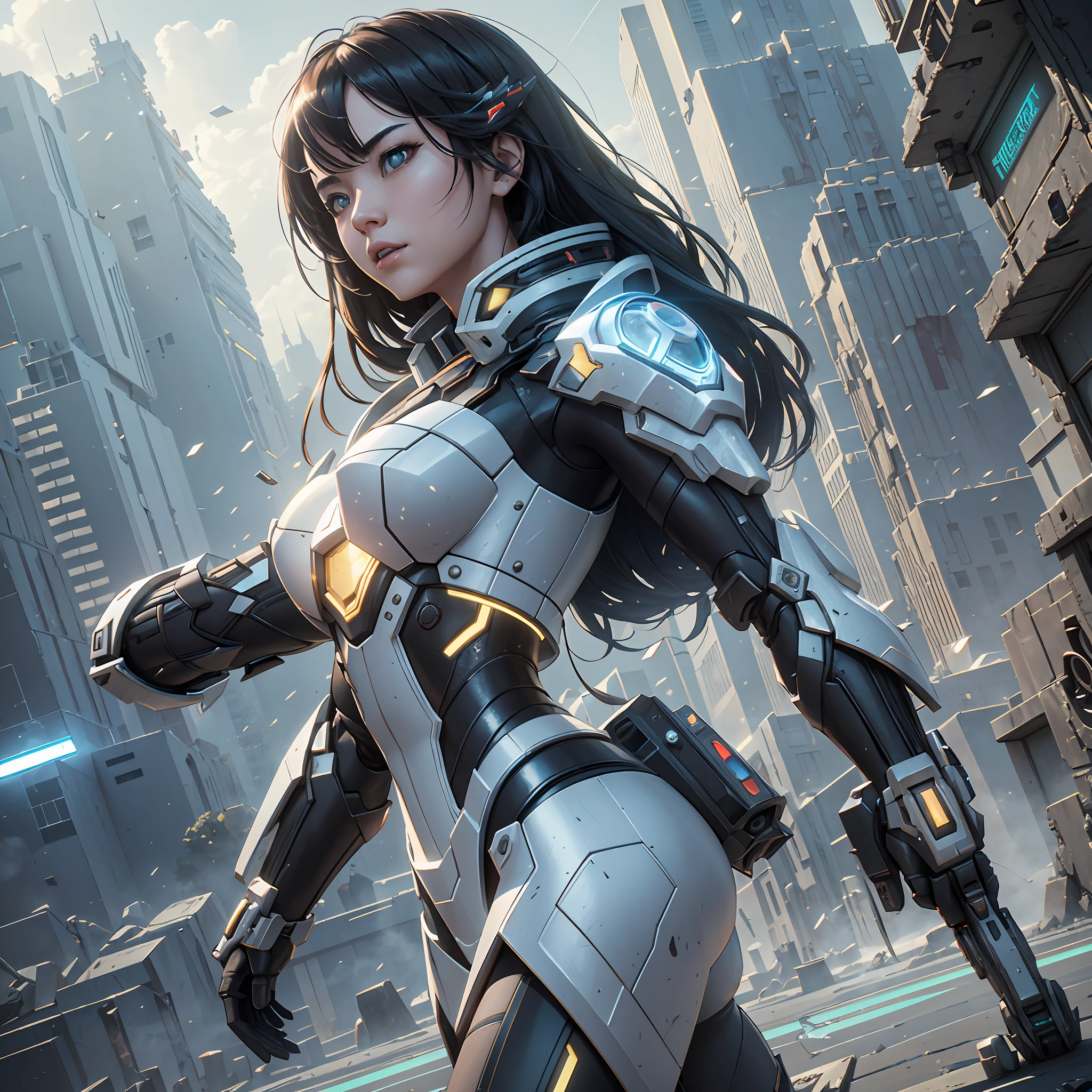 ((Best Quality)), ((Masterpiece)), (Very Detailed:1.3), 3D, Shitu-mecha,Alone, Yifei Liu,Beautiful cyberpunk with her mecha in the ruins of a city in the forgotten war, ancient technology, HDR (High Dynamic Range), ray tracing, NVIDIA RTX, super resolution, Unreal 5, subsurface scattering, PBR texture, post-processing, anisotropic filtering, depth of field, maximum sharpness and sharpness, multi-layer textures, albedo and highlight maps, Surface shading, accurate simulation of light-material interactions, perfect ratios, octane rendering, duotone lighting, low ISO, white balance, rule of thirds, wide aperture, 8K RAW, efficient sub-pixels, subpixel convolution, luminescent particles, light scattering, tyndall effect, top tear, battle damage --auto --s2
