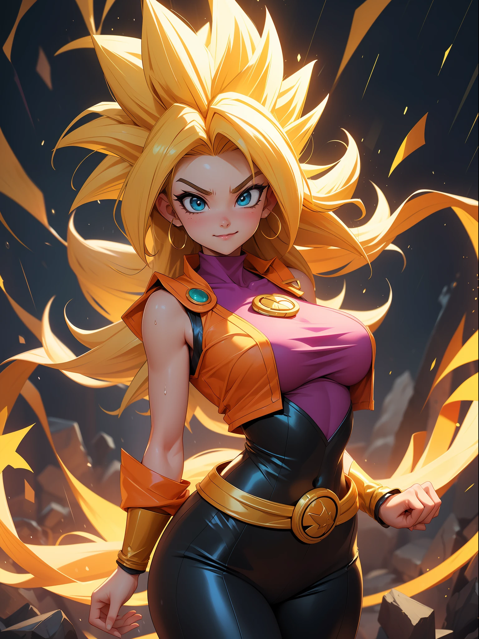 {((Full body photo, feet flat, straight body, Dragon Ball Anime Style))}, {((Laura/female, big breasts, extremely beautiful))}, ((Super Saiyan Superior Instinct)) {(( she is transformed into a Super Saiyan wearing a child Goku suit/extremely tight on her body, emanating golden magic aura furiously circling around her body))}. Background, city completely destroyed at night raining heavily. Her clothes are soaked with water, {(She is staring at the viewer, smiling, clenched fists, concentrating magic aura, in front attack pose)}. Anime Dragon Ball, high detail, anime, 16k, UHD, retina, retina, ccurate, anatomically correct, textured skin, super detail, high quality, award winning