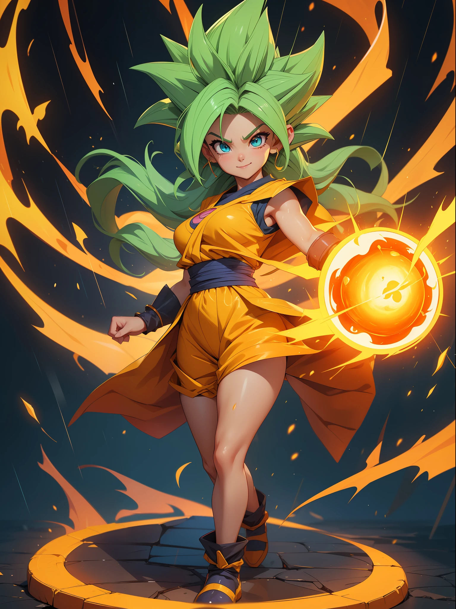 {((Full body photo, feet flat, straight body, Dragon Ball Anime Style))}, {((Laura/female, big breasts, extremely beautiful))}, ((Super Saiyan Superior Instinct)) {(( she is transformed into a Super Saiyan wearing a child Goku suit/extremely tight on her body, emanating golden magic aura furiously circling around her body))}. Background, city completely destroyed at night raining heavily. Her clothes are soaked with water, {(She is staring at the viewer, smiling, clenched fists, concentrating magic aura, in front attack pose)}. Anime Dragon Ball, high detail, anime, 16k, UHD, retina, retina, ccurate, anatomically correct, textured skin, super detail, high quality, award winning