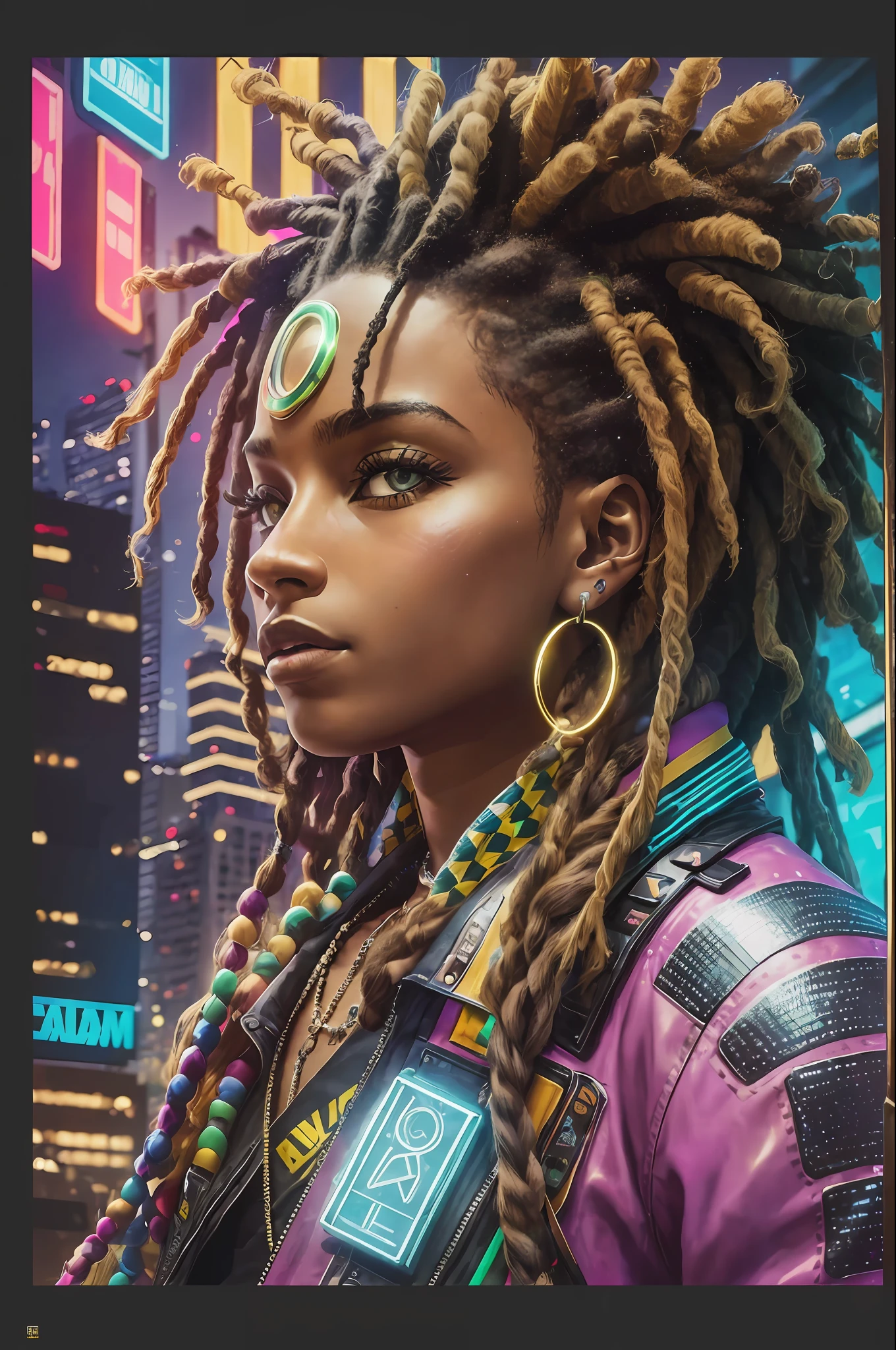 A young black dreads resident of the city of São Paulo in the future year 3567, city half high tech low life, urban style, gheto however futuristic has to be realistic as photo, poster style or movie poster, neon lights, warm colors Brazilian style of being, the photo has to beautifully compose the person with the hyperrealistic city 8k uhd maximum has to look like realistic looking photo has to have as influence the time of the Brazil 80s and merge with the vibe of the future more details sparkles nor the character remains the same he is already perfect Afro-Brazilian traits --auto --s2