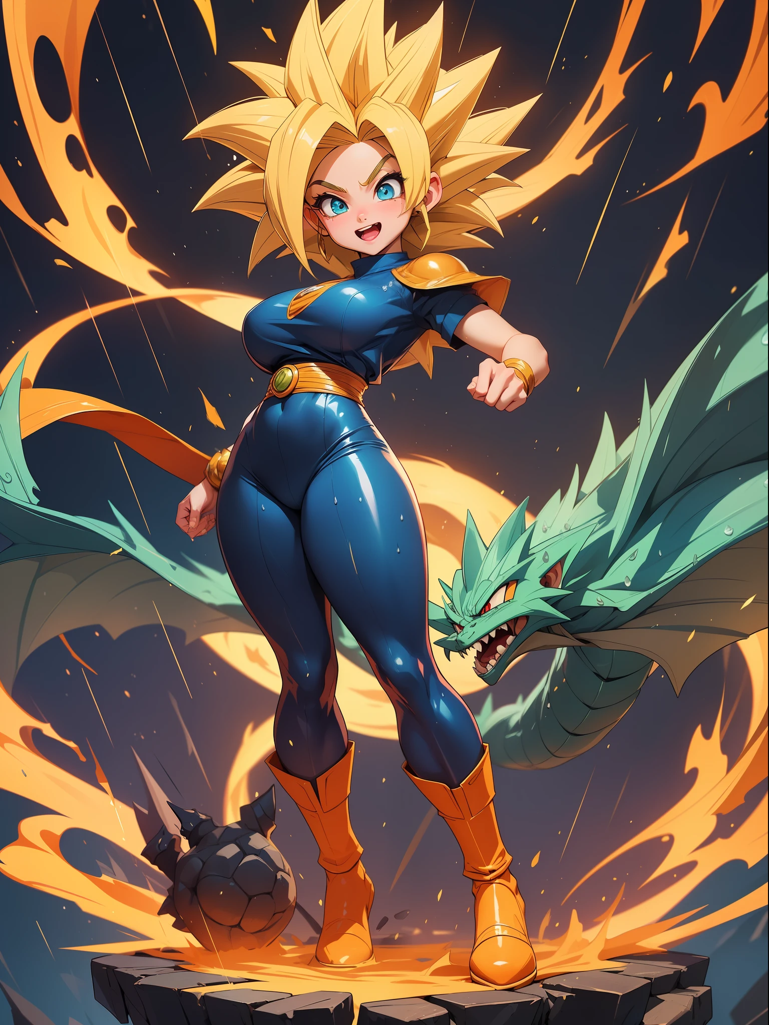 {((Full body photo, feet flat, straight body, Dragon Ball Anime Style))}, {((Laura/female, big breasts, extremely beautiful))}, ((Super Saiyan Superior Instinct)) {(( she is transformed into a Super Saiyan wearing a child Goku suit/extremely tight on her body, emanating golden magic aura furiously circling around her body))}. Background, city completely destroyed at night raining heavily. Her clothes are soaked with water, {(She is staring at the viewer, smiling, clenched fists, concentrating magic aura, in front attack pose)}. Anime Dragon Ball, high detail, anime, 16k, UHD, retina, retina, ccurate, anatomically correct, textured skin, super detail, high quality, award winning