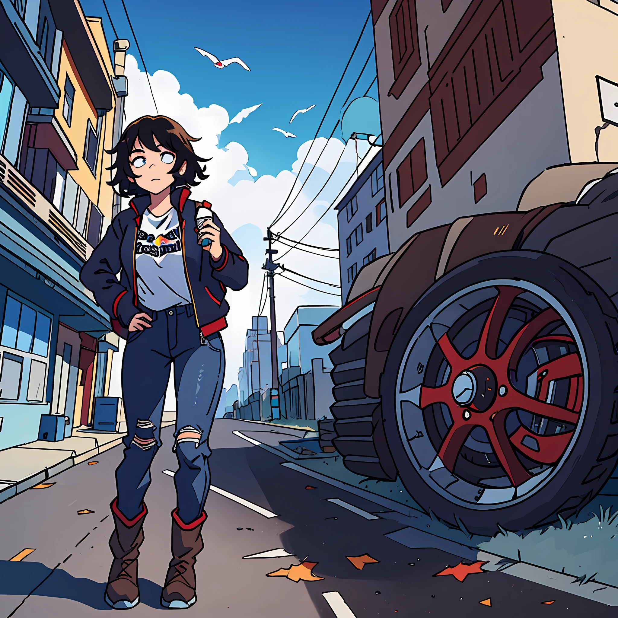 White girl, short black hair, messy hair, wearing dark blue Red bull jacket, dark pants, brown boot