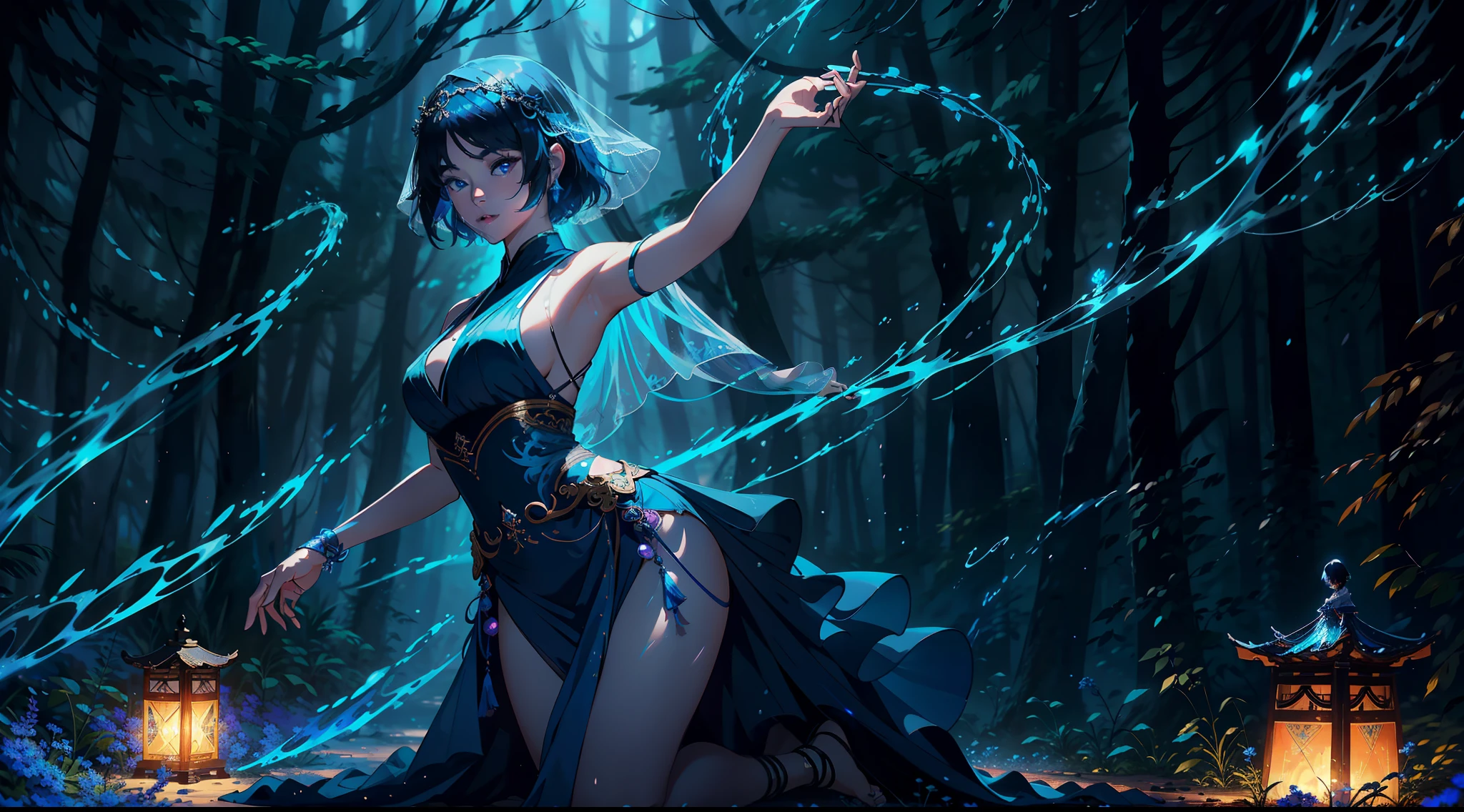 Total focus on a Korean woman short hair on a divine link dancing with veil + blue forest + mystical trees + glowing flow + close-up full-body showing, pose, cinematic, detailed pretty face, exquisite details, 8k UHD, ultimate brushing, master brushwork, trending on artstation, master drawing, masterpiece