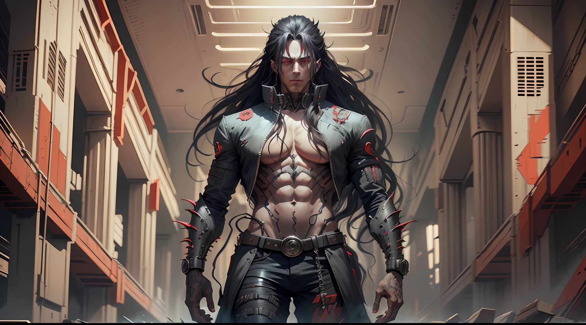 A DEMON (MAN) (30 YEARS) WITH RED EYES CYBERPUNK STYLE PORTRAIT STYLE (long hair)(full body) very strong --auto --s2