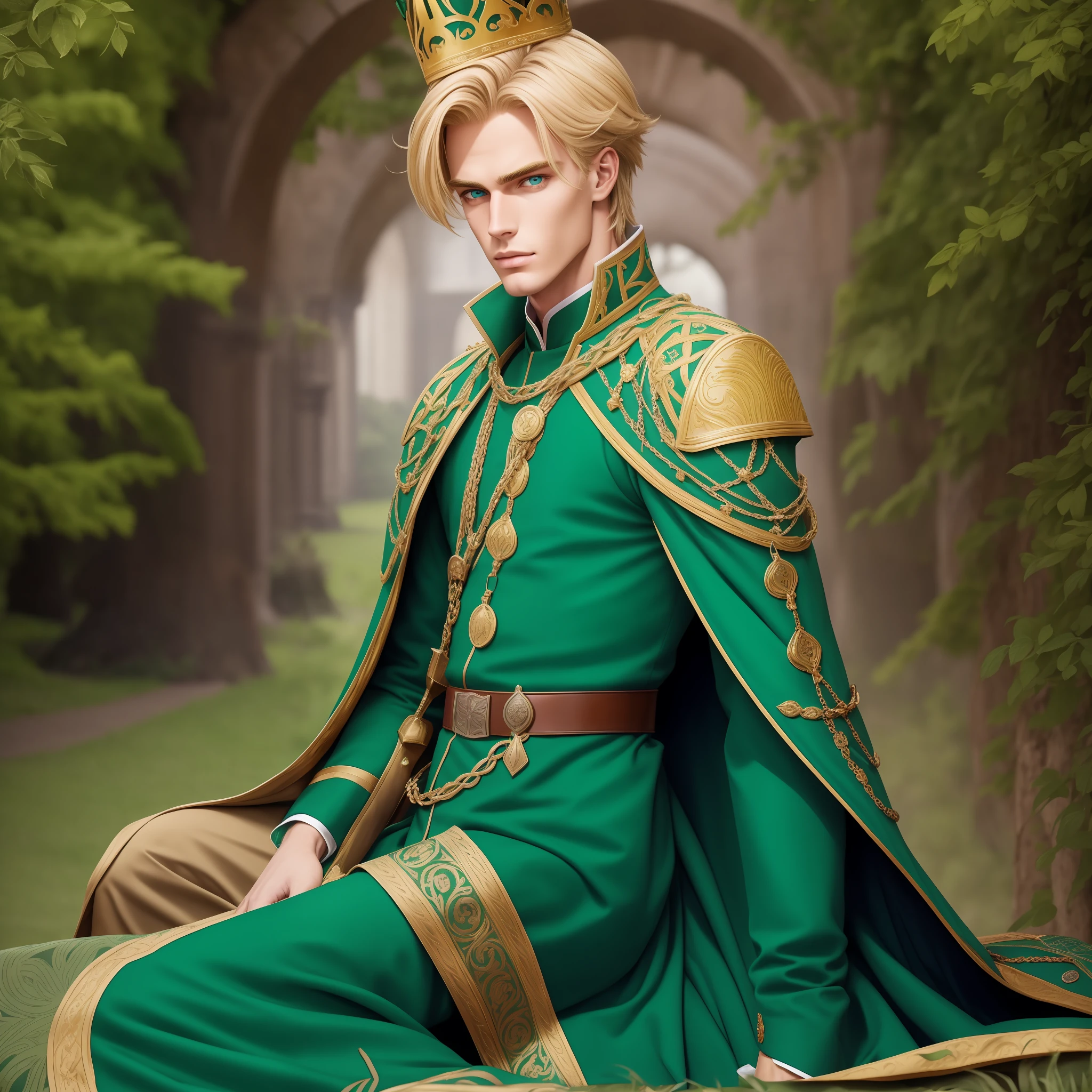 Neels Visser is a prince who has golden blonde hair, wears a moss green medieval military outfit, has a crown of royalty on his forehead, looking forward with piercing emerald green gaze. full body