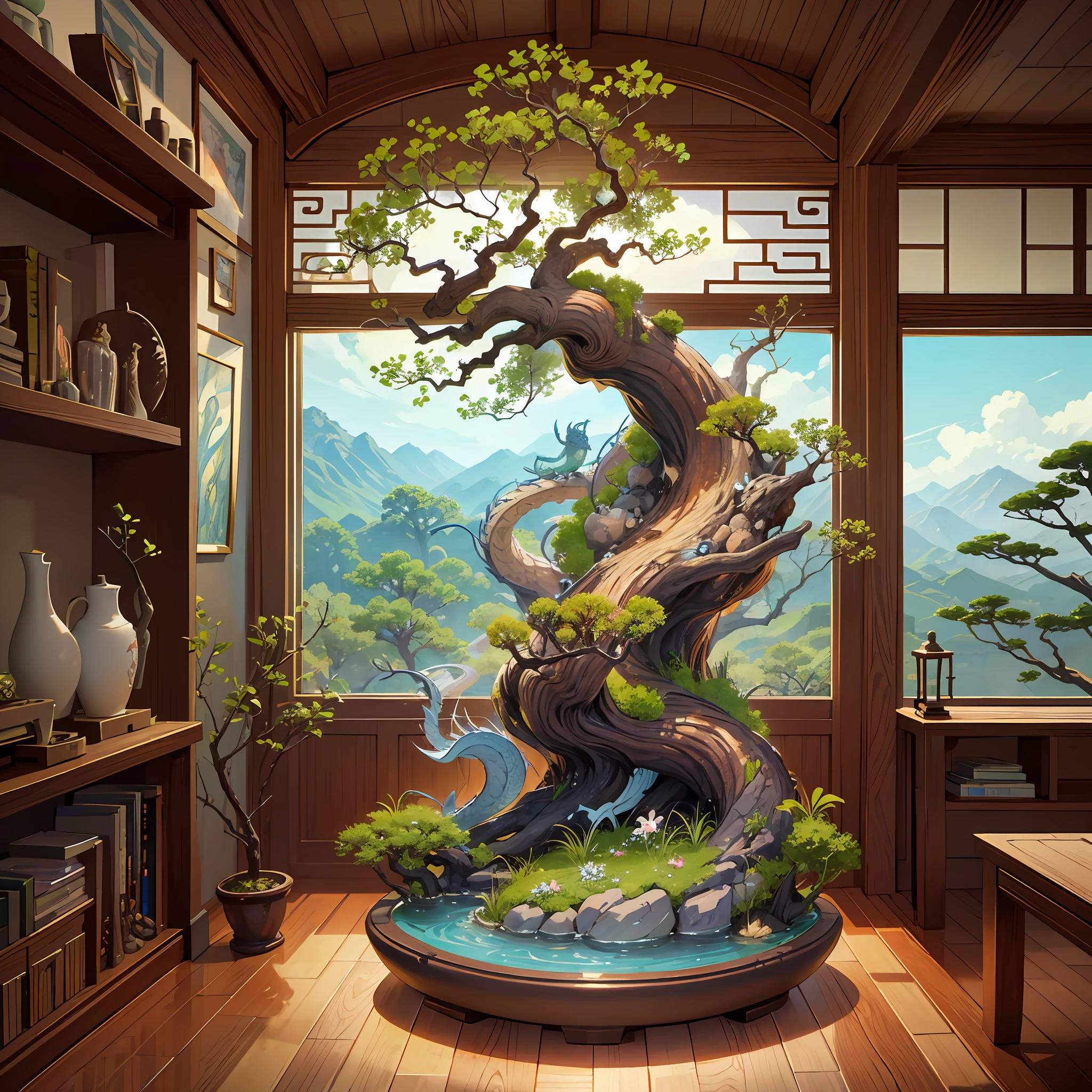 a close up of a bonsai tree with a dragon on top, bonsai tree house, made of bonsai, chinese fantasy, highly detailed fantasy art, high detailed art, dragon art, majestic japanese dragon, 8k high quality detailed art, 4 k highly detailed art, finely detailed perfect art, incredibly high detailed, fantasy highly detailed, highly detailed 3 d art, fantasy magical vegetation --auto --s2
