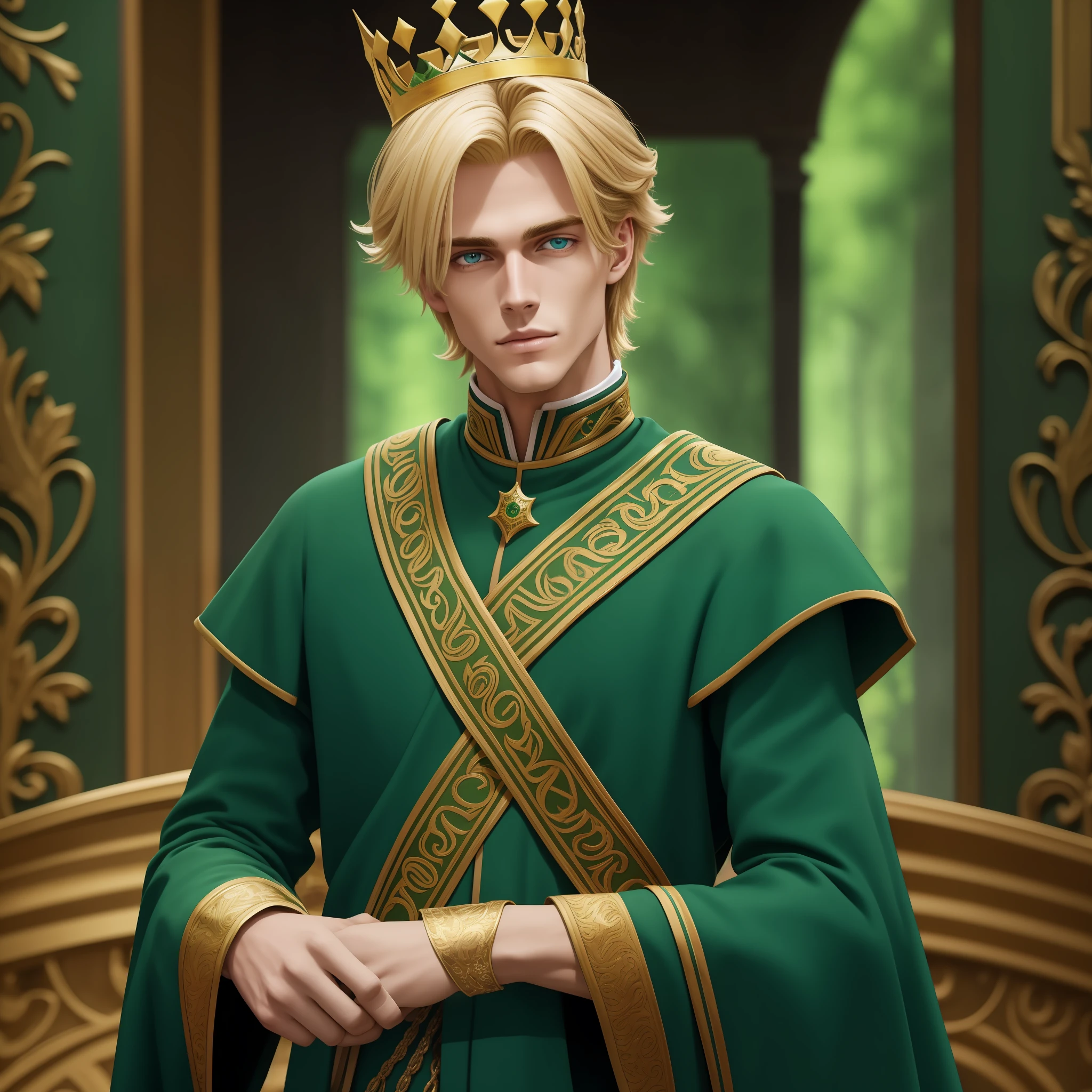 Neels Visser is a prince who has golden blonde hair, wears a moss green medieval military outfit, has a crown of royalty on his forehead, looking forward with piercing emerald green gaze. full body