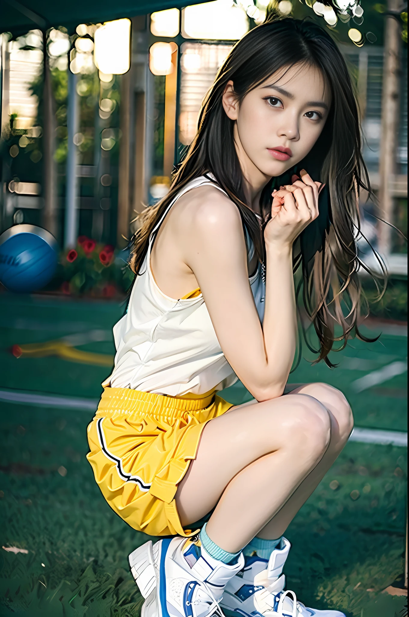 (8k, Best Quality, Masterpiece: 1.2), (Realistic, Realistic: 1.37), Ultra Detailed, Best Quality, Ultra High Resolution, Professional Lighting, Photon Mapping, Radiosity, Physically Based Rendering, Cinematic Lighting, Basketball Court, Depth of Field, Sharpness focus, sunlight, good composition, (bokeh: 1.2) 1girl, solo, (full body), (closed mouth), beautiful and detailed eyes, pose, narrow waist, basketball uniform, black hair, messy hair, long hair blowing in the wind, (ulzzang-6500:1.2) mix4, hiqcgbody
