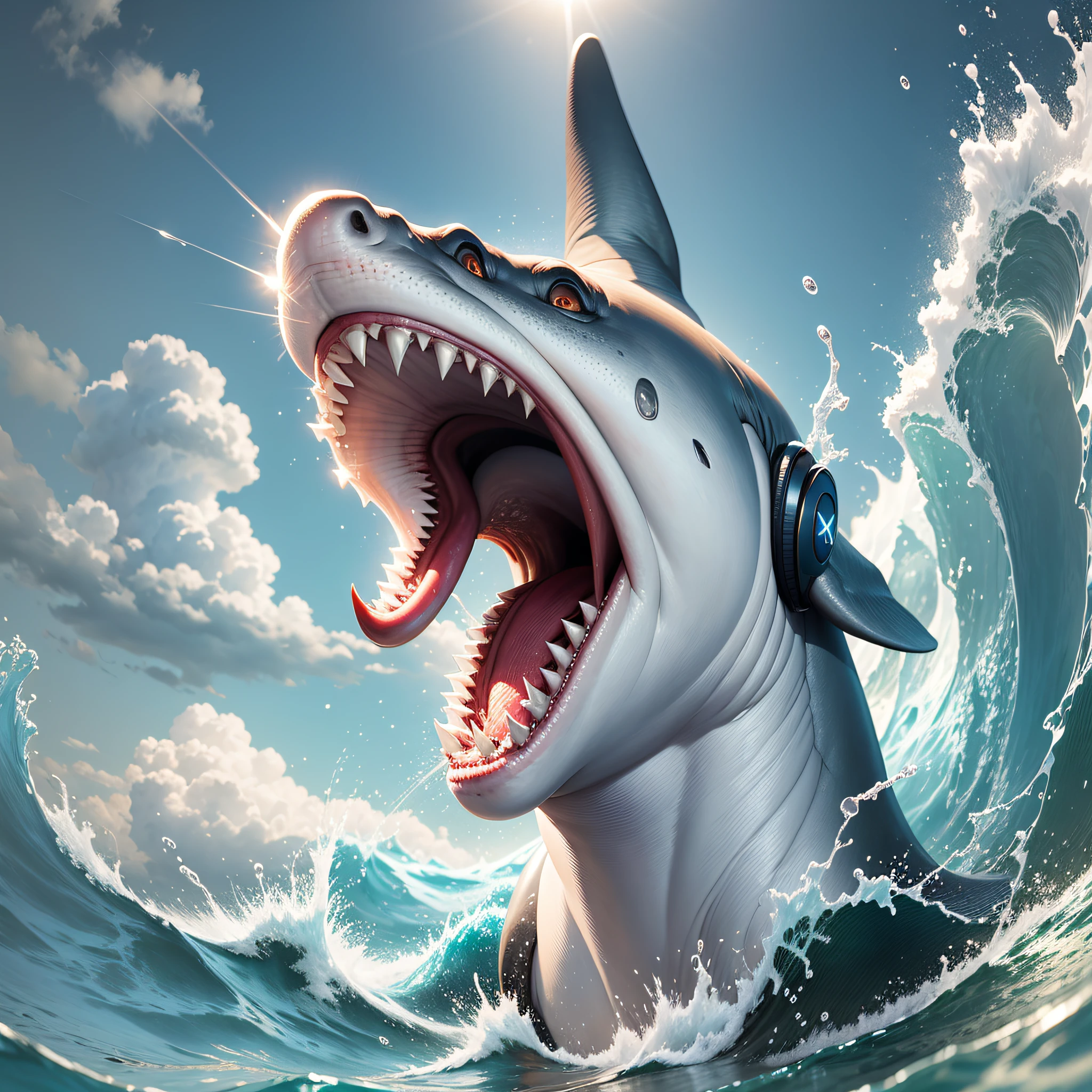 CLOSE-UP A HAMMERHEAD SHARK JUMPING DAGUA WITH HEADPHONES LARGE OPEN MOUTH BRIGHT TEETH EMPTY BACKGROUND HYPER REALISTIC --auto --s2