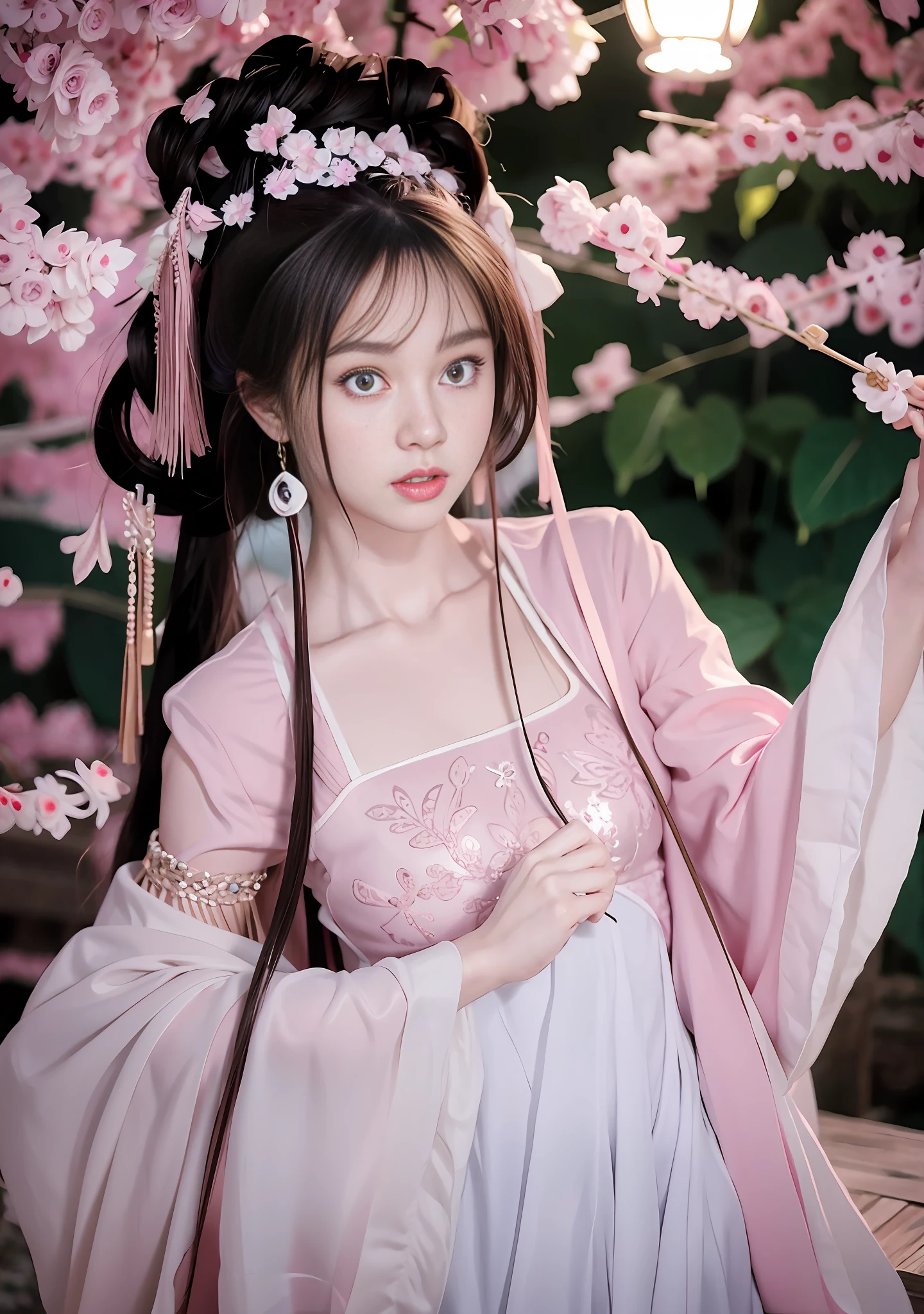 (ulzzang-6500-v1.1:0.4), 1girl, kpop idol, yae miko, detailed face, long legs shot, full body, master, best quality, (very detailed CG unity 8k wallpaper, masterpiece, best quality, ultra - detailed, best shadow), (detailed background), (beautiful detailed face, beautiful detailed eyes), High contrast, (best illumination, an extremely delicious and beautiful), independent sleeves, pink hair, long hair, best quality, (photorealistic : 1.2), (Hair Accessory: 1.35), Jewelry, Purple Eyes, Earrings, Big Breasts, Torii, Cherry Blossoms, Lantern Lights, Depth of Field, Detailed Face, Facial Focus, (Looking at Viewer: 1.25), Skin Shine, long sleeves