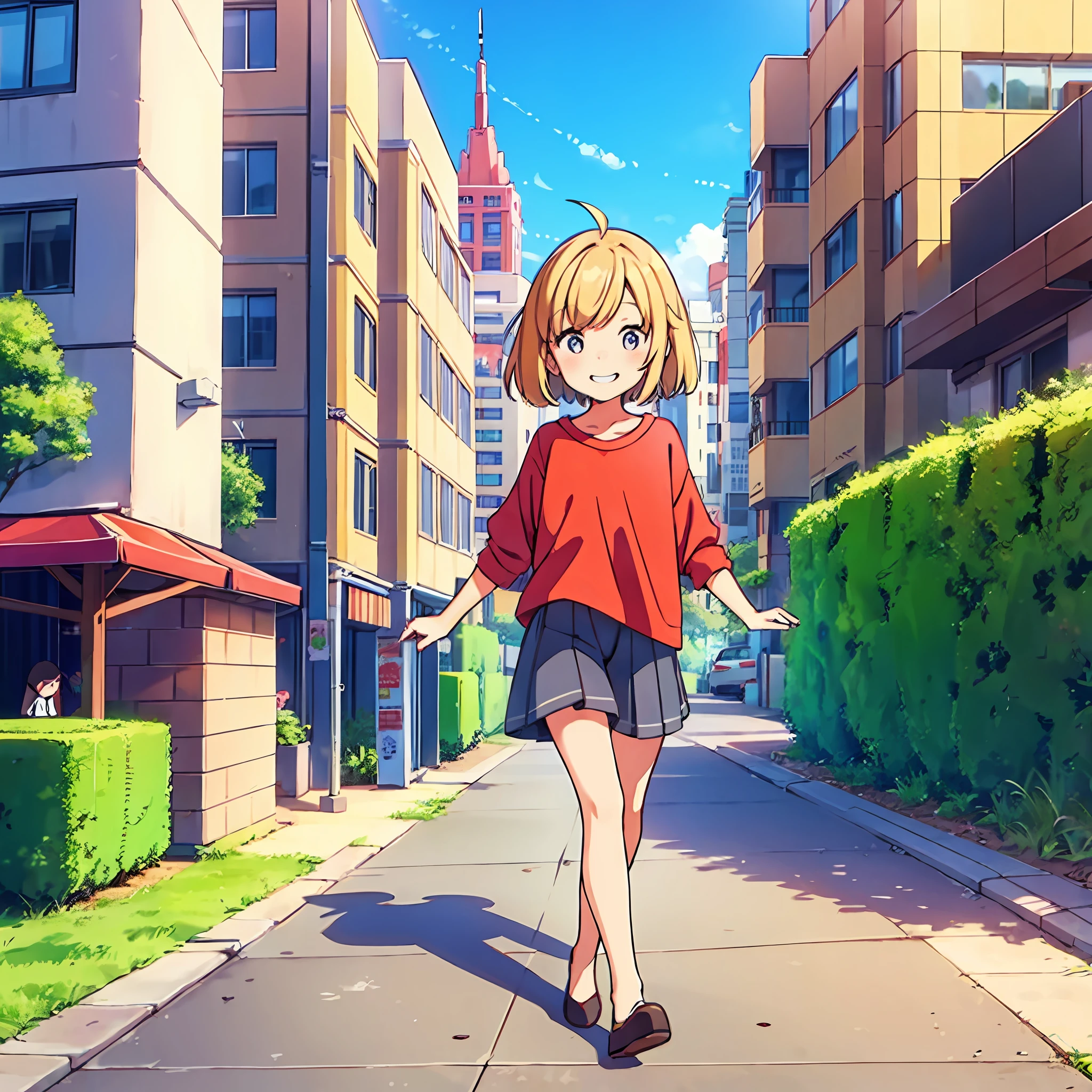 masterpiece, a cute girl, close up, upper body, pale blonde hair, short hair, grinning face, loose-fitting red shirt, vibrant market, city street, tall buildings, people walking by,
