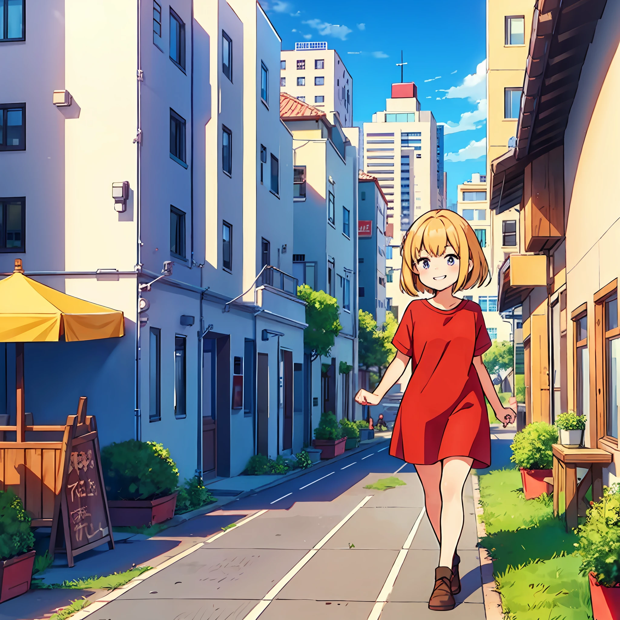 masterpiece, a cute girl, close up, upper body, pale blonde hair, short hair, grinning face, loose-fitting red shirt, vibrant market, city street, tall buildings, people walking by,