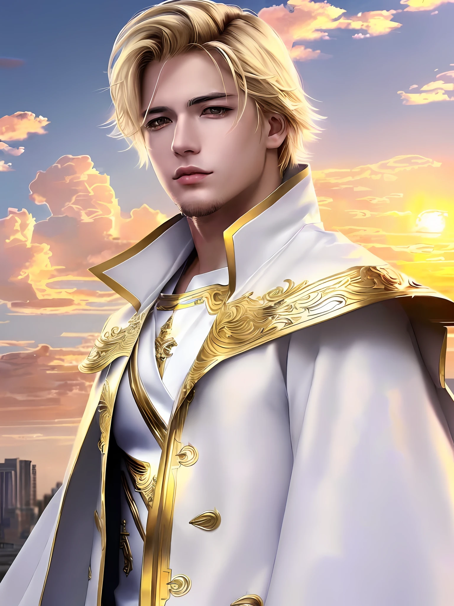 anime - style image of a man in a white coat and gold trimmings, portrait of magical blond prince, beautiful androgynous prince, handsome guy in demon slayer art, fantasy male portrait, delicate androgynous prince, inspired by Yang Jin, johan liebert mixed with alucard, handsome prince, by Yang J, inspired in kris from deltarrune