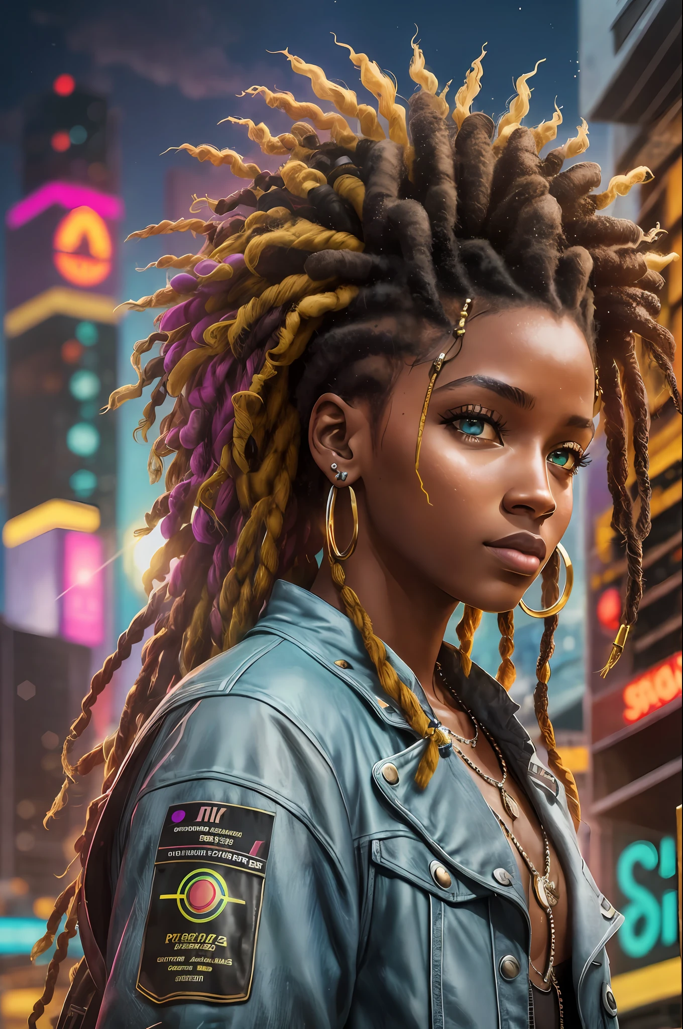 A young black dreads resident of the city of São Paulo in the future year 3567, city half high tech low life, urban style, gheto however futuristic has to be realistic as photo, poster style or movie poster, neon lights, warm colors Brazilian style of being, the photo has to beautifully compose the person with the hyperrealistic city 8k uhd maximum has to look like realistic looking photo has to have as influence the time of the Brazil 80s and merge with the vibe of the future more details sparkles nor the character remains the same he is already perfect Afro-Brazilian traits --auto --s2