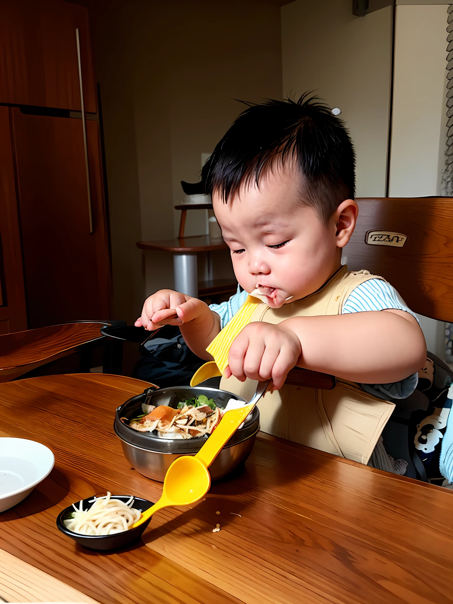 there is a  that is eating food in a high chair, messy eater, using fork, eating, spoon placed, having a snack, ready to eat, litttting in his highchair, bo chen, with seaweed, eating noodles, mukbang, kid, good morning, mischievous!!, photo taken in 2 0 2 0, yummy