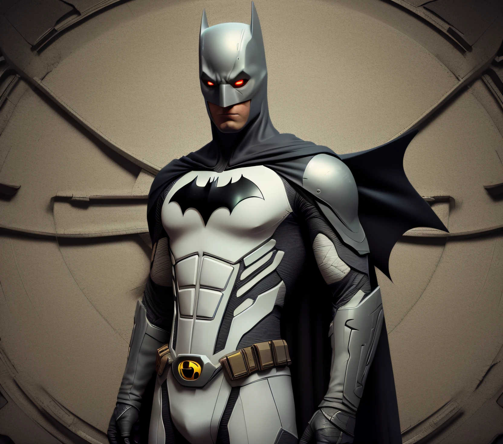 igrne, batman standing with arms crossed, on a base, depth of field, flawless, RAW, shoulder focus, (((flat background))), high detail, insane detail, depth of field, flawless, RAW,