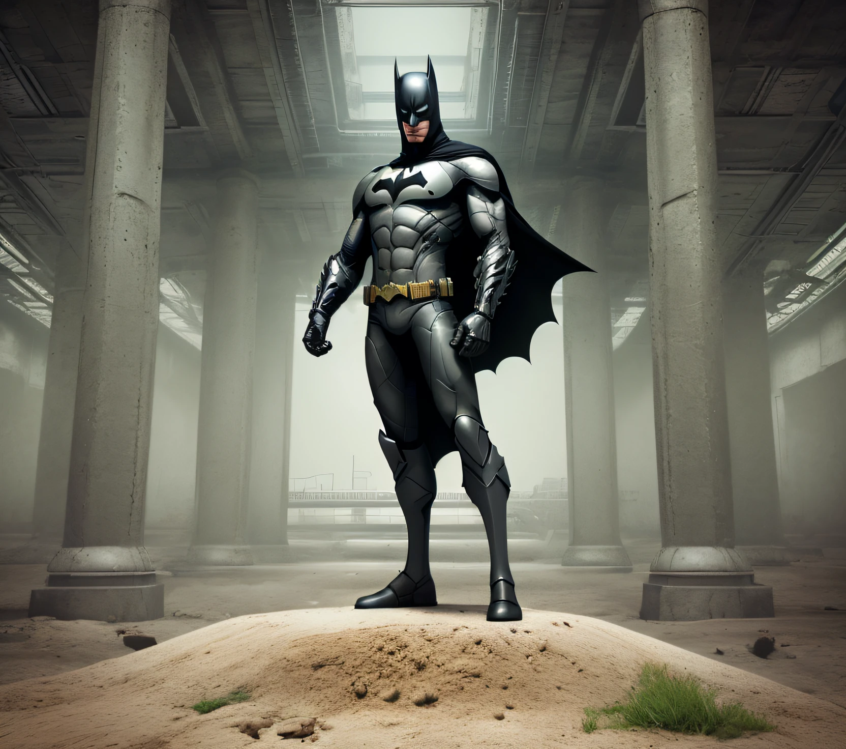 igrne, batman standing with arms crossed, on a base, depth of field, flawless, RAW, shoulder focus, (((flat background))), high detail, insane detail, depth of field, flawless, RAW,