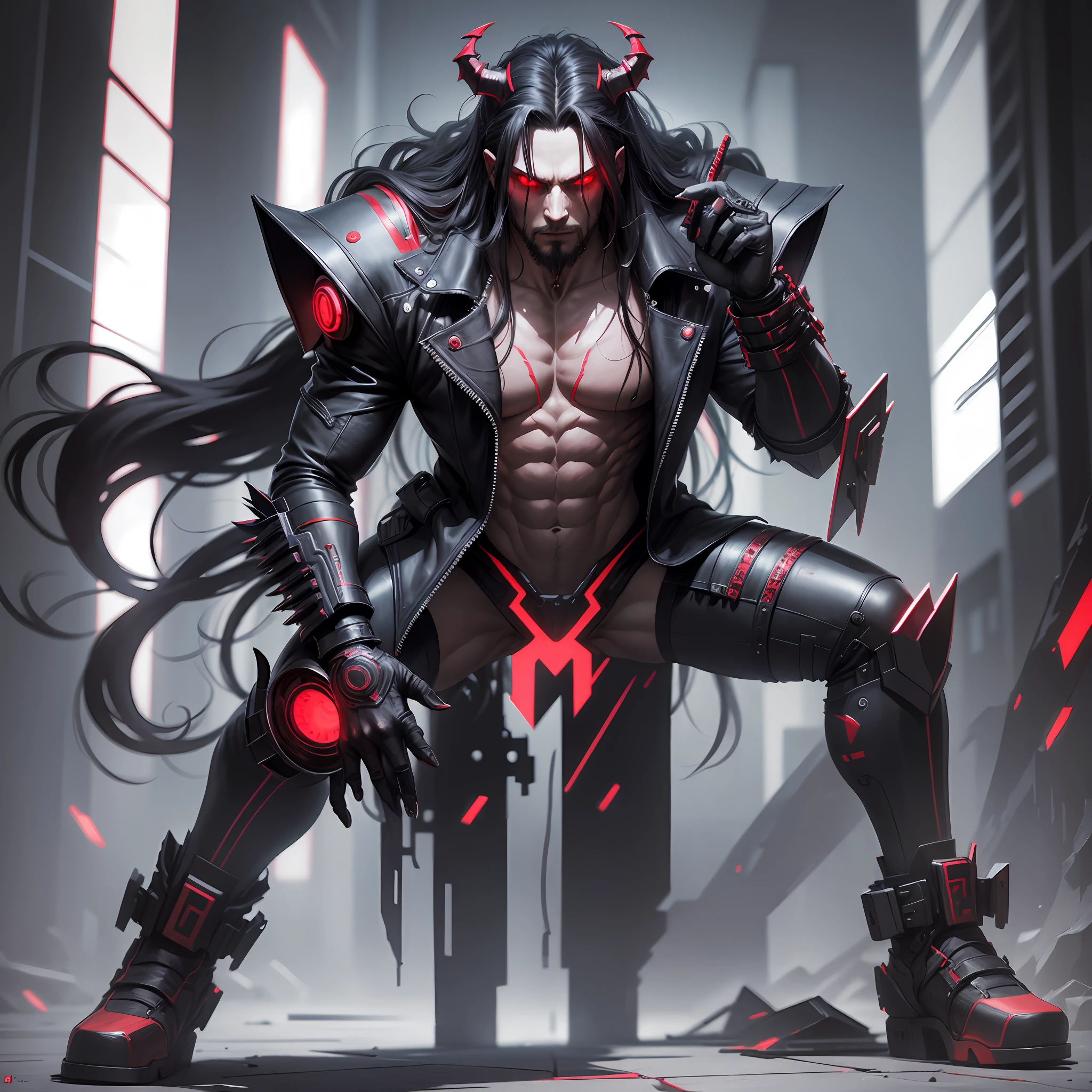 A DEMON (MAN) (30 YEARS) WITH RED EYES CYBERPUNK STYLE PORTRAIT STYLE (long hair)(full body) very strong --auto --s2