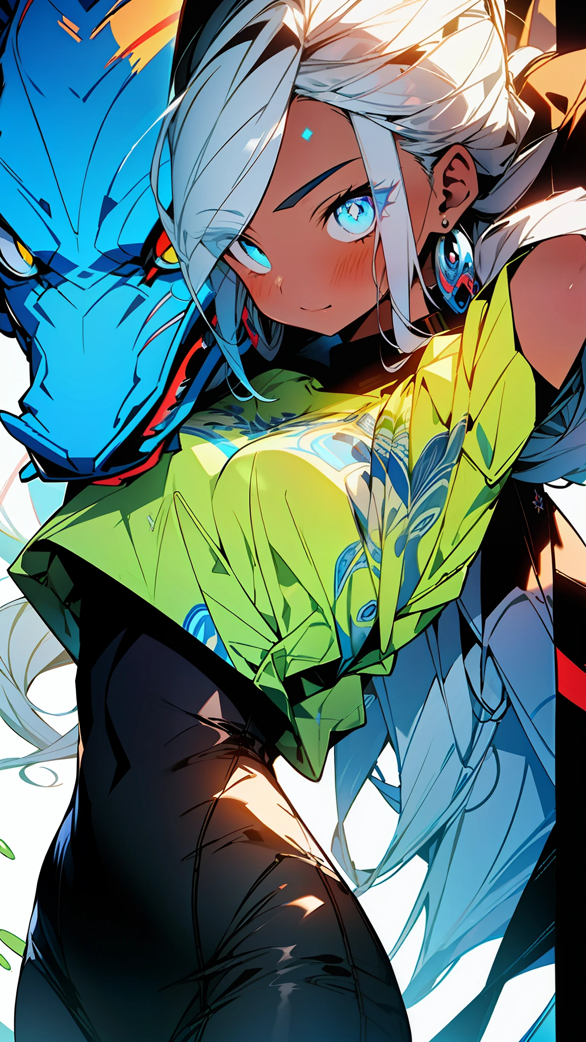1girl, excellent lighting, sidelighting, (curvy: 1.2), vhsKeeper, background, mixed-language_text, Japanese graffiti lettering, GUILTY GEAR -STRIVE style perfect(flat color: 1.3), (magazine_cover: 1.4), (multicolored_background: 1.3), striped_background, card_background, mixed-language_text, :: comix style by joe madureira :: , perfect and detailed, ultra detailed shirt with abstract design, with Japanese graffit letter print on the sides of the dress, image of woman fighting with alien creature full of tentacles, with immersive effects, hover effect, background graffiti style tribal tattoo with vibrant colors "ultra hdr" detailed and with focus effect, (masterpiece: 1.2, best quality), (beautiful eyes finely detailed: 1.2), , ((Solo)), (Blue eyes:1.4), (Finely detailed eyes and detailed face with long eyelashes:1.3), in various full-body attack poses, (beautiful and clear background: 1.2),futuristic costume, super detailed circular metals Clinging to arms and pants, fantastic paintings