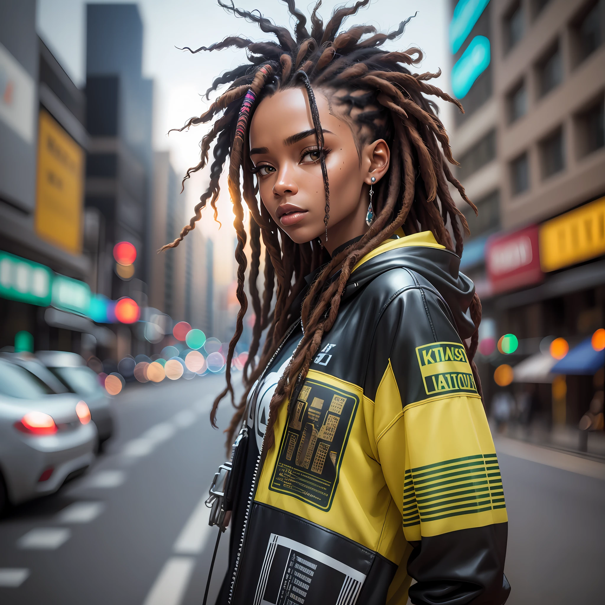 A young black dreads resident of the city of São Paulo in the future year 3567, city half high tech low life, urban style, gheto however futuristic has to be realistic as photo, poster style or movie poster, neon lights, warm colors Brazilian style of being, the photo has to beautifully compose the person with the hyperrealistic city 8k uhd maximum has to look like realistic looking photo has to have as influence the time of the Brazil 80s and merge with the vibe of the future more details sparkles nor the character remains the same he is already perfect strokes , ultra realistic hyperrealistic maximum resolution Ca8k, uhd, severe low lighting, high quality, sharp focus, fujifilm XT3m --auto --s2