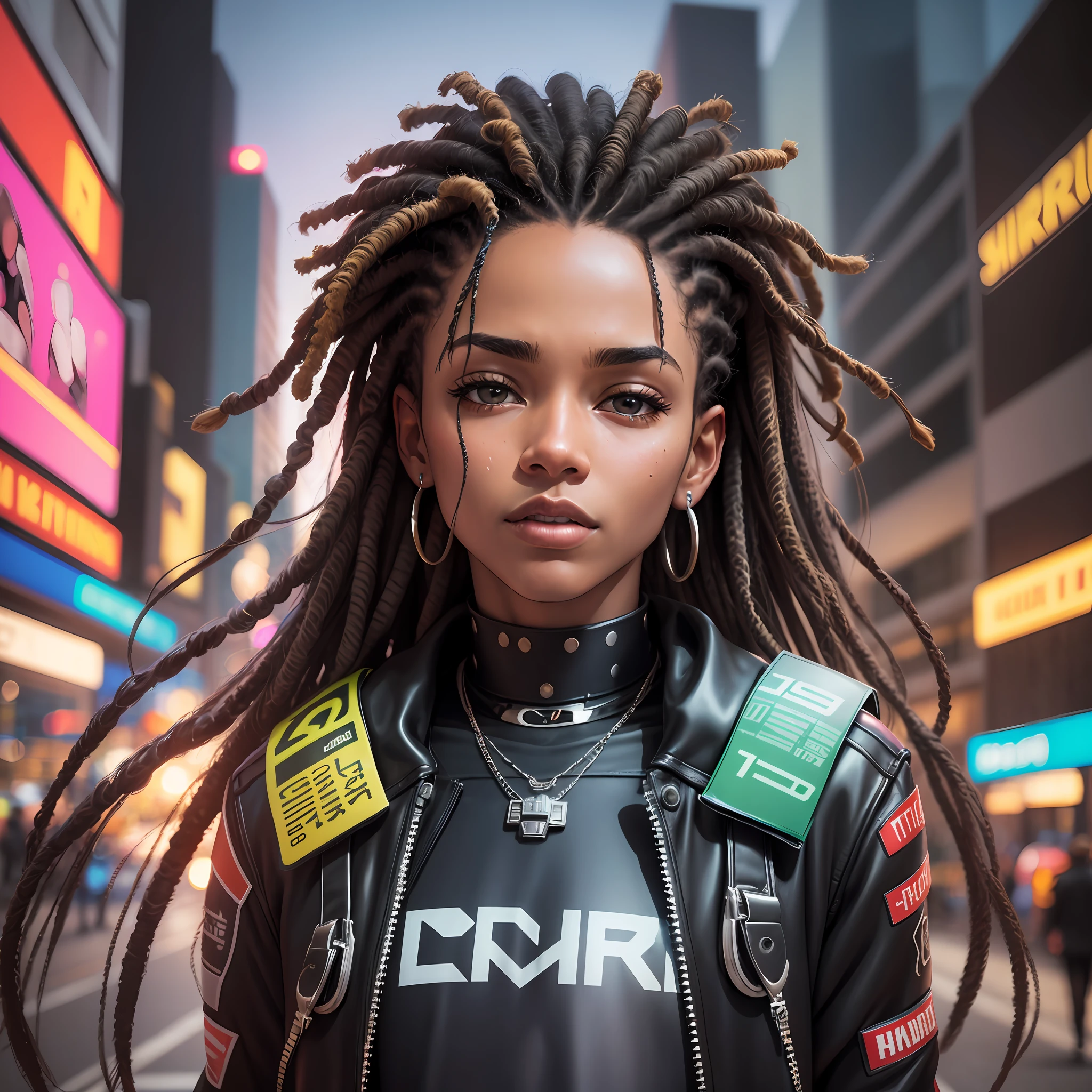 A young black dreads resident of the city of São Paulo in the future year 3567, city half high tech low life, urban style, gheto however futuristic has to be realistic as photo, poster style or movie poster, neon lights, warm colors Brazilian style of being, the photo has to beautifully compose the person with the hyperrealistic city 8k uhd maximum has to look like realistic looking photo has to have as influence the time of the Brazil 80s and merge with the vibe of the future more details sparkles nor the character remains the same he is already perfect strokes , ultra realistic hyperrealistic maximum resolution Ca8k, uhd, severe low lighting, high quality, sharp focus, fujifilm XT3m --auto --s2
