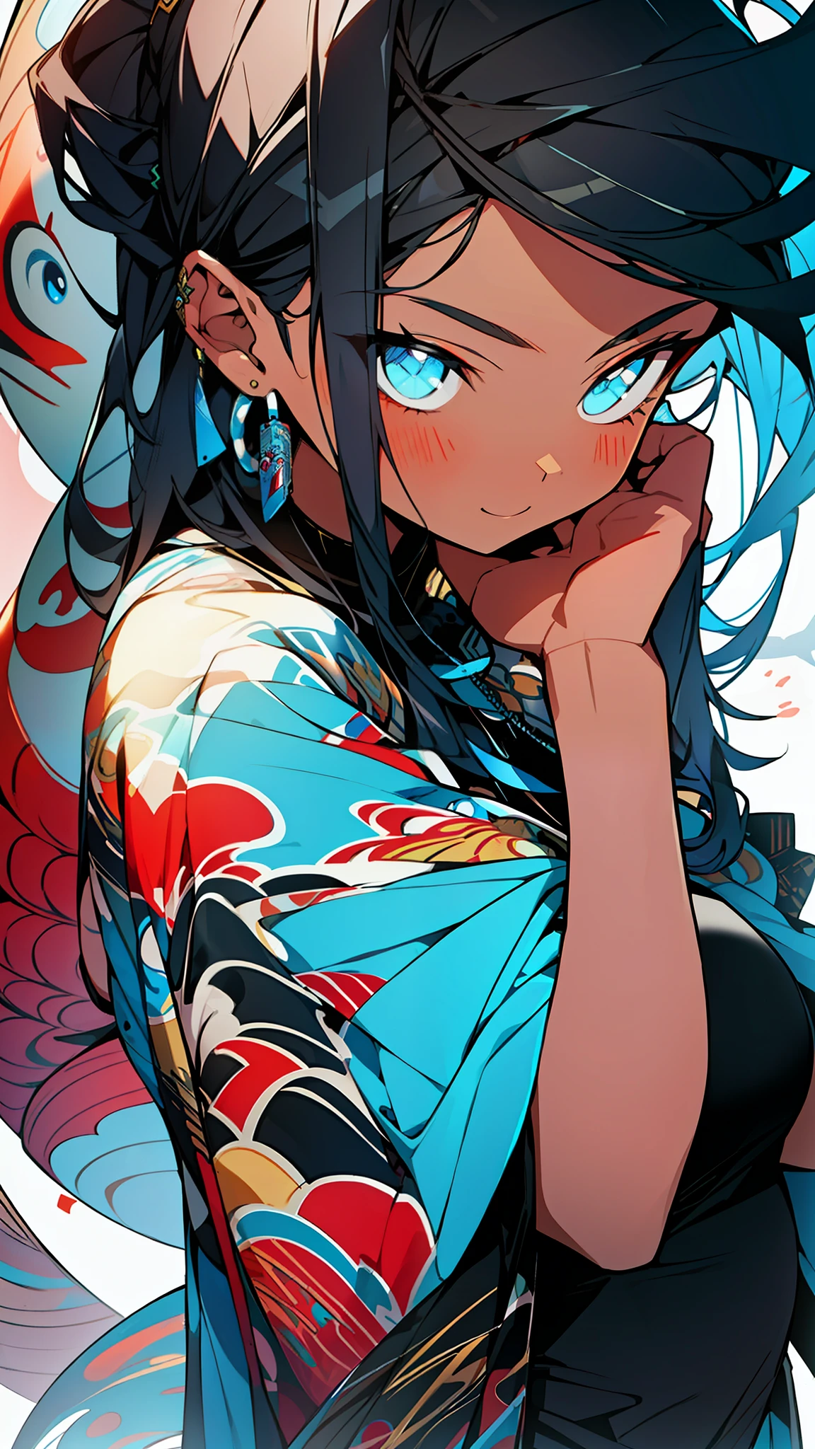1girl, excellent lighting, sidelighting, (curvy: 1.2), vhsKeeper, background, mixed-language_text, Japanese graffiti lettering, GUILTY GEAR -STRIVE style perfect(flat color: 1.3), (magazine_cover: 1.4), (multicolored_background: 1.3), striped_background, card_background, mixed-language_text, :: comix style by joe madureira :: , perfect and detailed, ultra detailed shirt with abstract design, with Japanese graffit letter print on the sides of the dress, image of woman fighting with alien creature full of tentacles, with immersive effects, hover effect, background graffiti style tribal tattoo with vibrant colors "ultra hdr" detailed and with focus effect, (masterpiece: 1.2, best quality), (beautiful eyes finely detailed: 1.2), , ((Solo)), (Blue eyes:1.4), (Finely detailed eyes and detailed face with long eyelashes:1.3), in various full-body attack poses, (beautiful and clear background: 1.2),futuristic costume, super detailed circular metals Clinging to arms and pants, fantastic paintings
