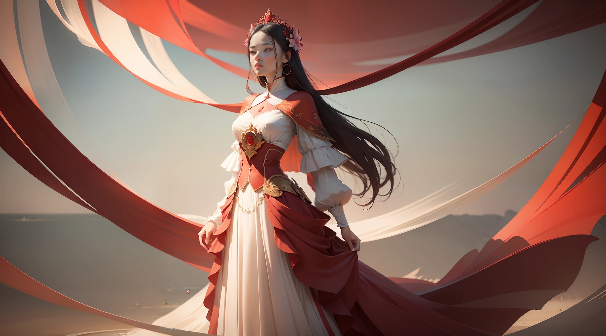 A female emperor, red flowing skirt, other shore flower, manzhu sand flower, ethereal simplicity, magnificent illustration, Philip McKay, multi-layered progressive style production, containing imposing, multi-layered, transparent nature, delicate and soft, clear and bright imagery,