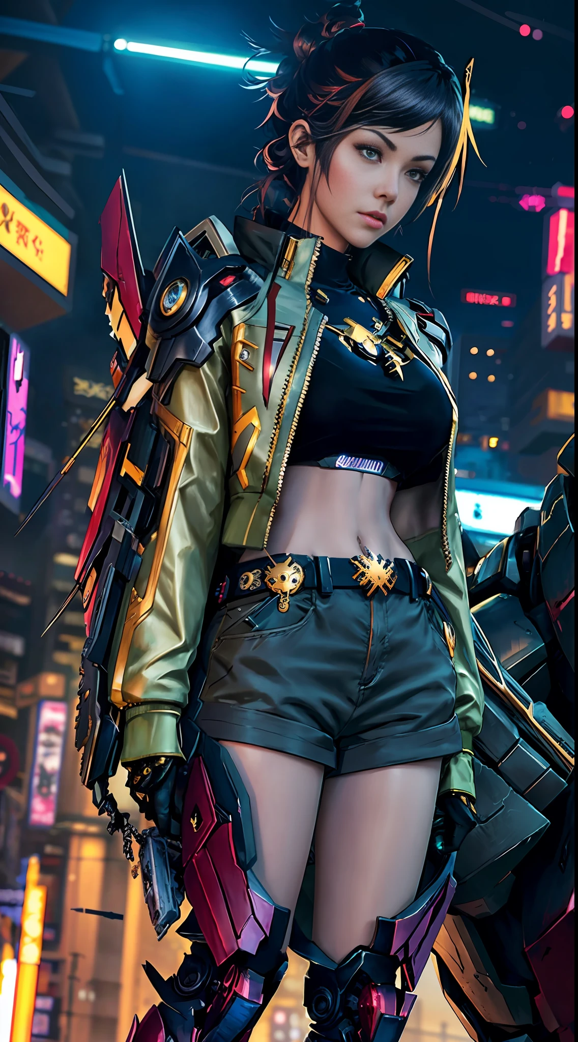 Boutique,best quality,Gold jewelry,(slip out feet),Fairy skin,(Fidelity :1.2),Standing,Super Detailed,realistic,High quality,Movie Light,Ray tracking,Ultra HD,Upper body
Girl in shorts and jacket standing next to giant robot, Guweiz style artwork, CyberPunk mech, Trends on CGSTATION, Guweiz, Russell Dongjun Lu, digital cyberpunk anime art, Ross Tran 8 K, Guweiz on ArtStation Pixiv, Girl in mecha network armor