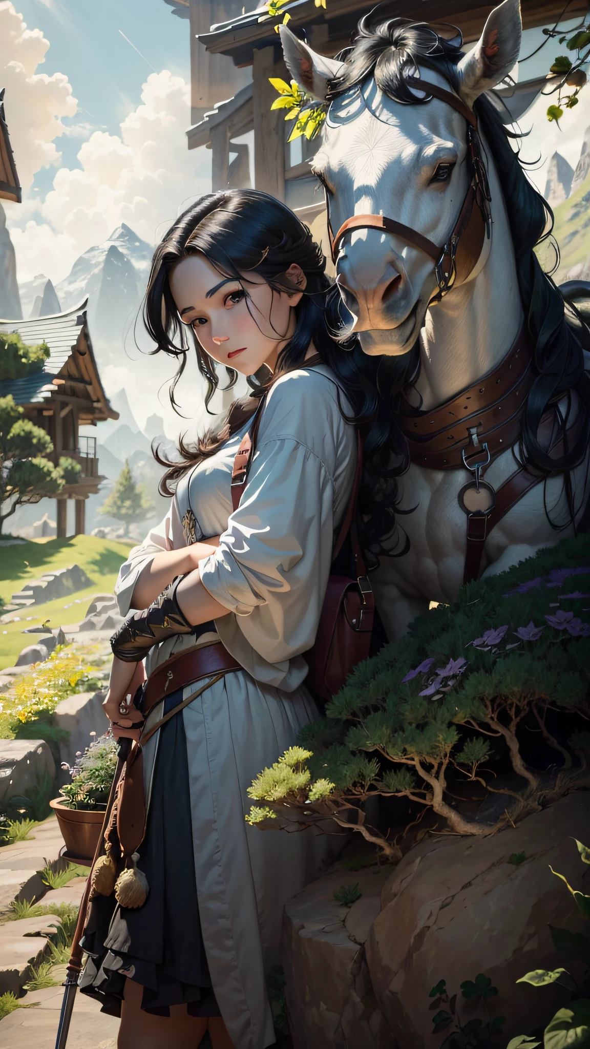 Masterpiece, high quality, 8K resolution, HD wallpaper, very many details, 1 male, immortal cultivator, can fly, (30 years old), majestic, confident expression, radiant, black hair, medium length hair, (tied up: 0.7), riding a sword, flying in the air, long shot, (motion blur: 1.2), golden treasure, glowing light, mountain view, (rocky terrain: 0.9), (misty mountains: 1.1), foreground, film composition, realism, depth of field, peaceful environment, harmony, ambient light, (warm tone: 1.2), peaceful atmosphere, (Wind Rush: 0.8), (Aura of Power: 1.3), Greens, Pines, Clouds, (Cloud Shadow: 1.1), Sportiness, Fantasy, (Mystic Realm: 0.9).