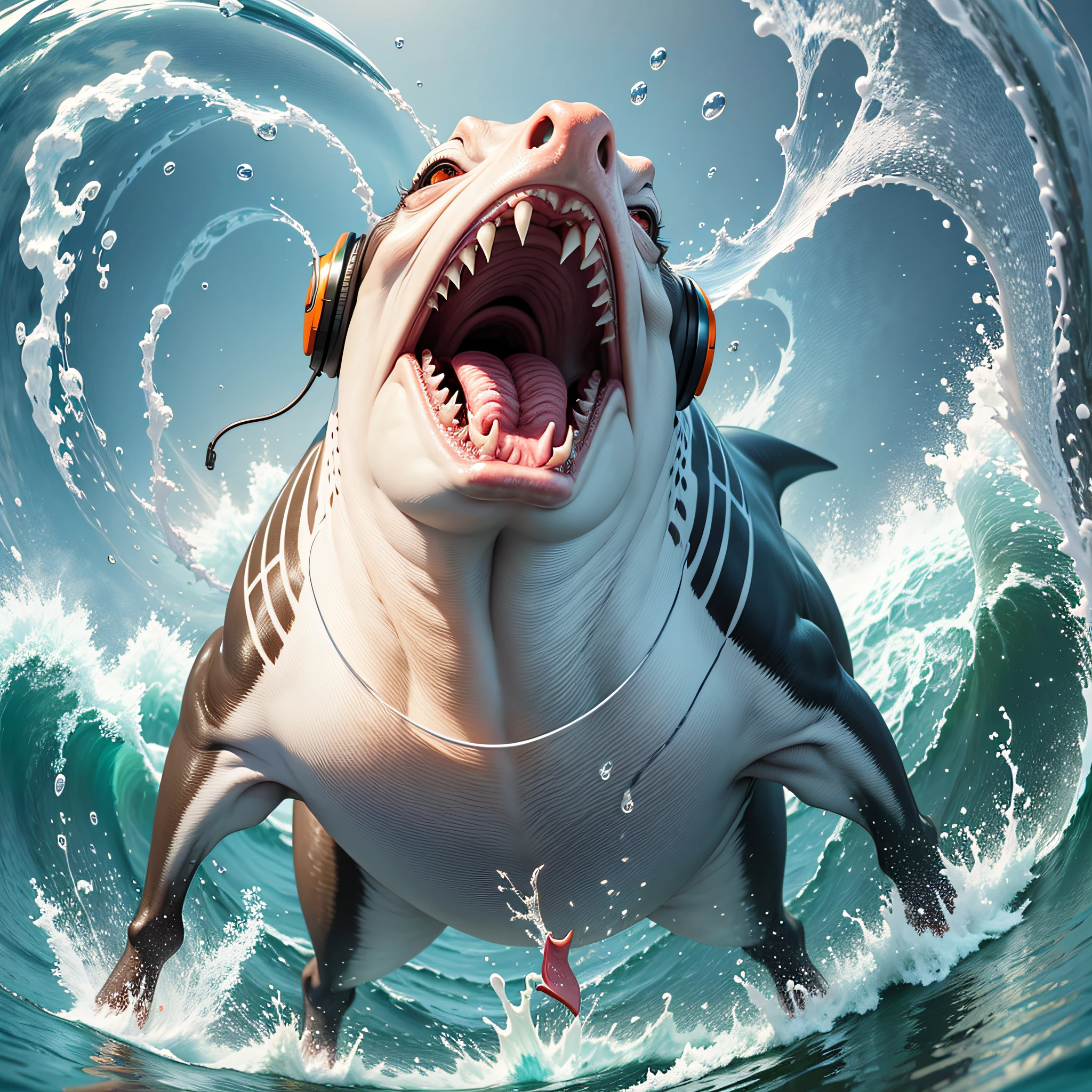 CLOSE-UP A HAMMERHEAD SHARK JUMPING DAGUA WITH HEADPHONES LARGE OPEN MOUTH BRIGHT TEETH EMPTY BACKGROUND HYPER REALISTIC --auto --s2